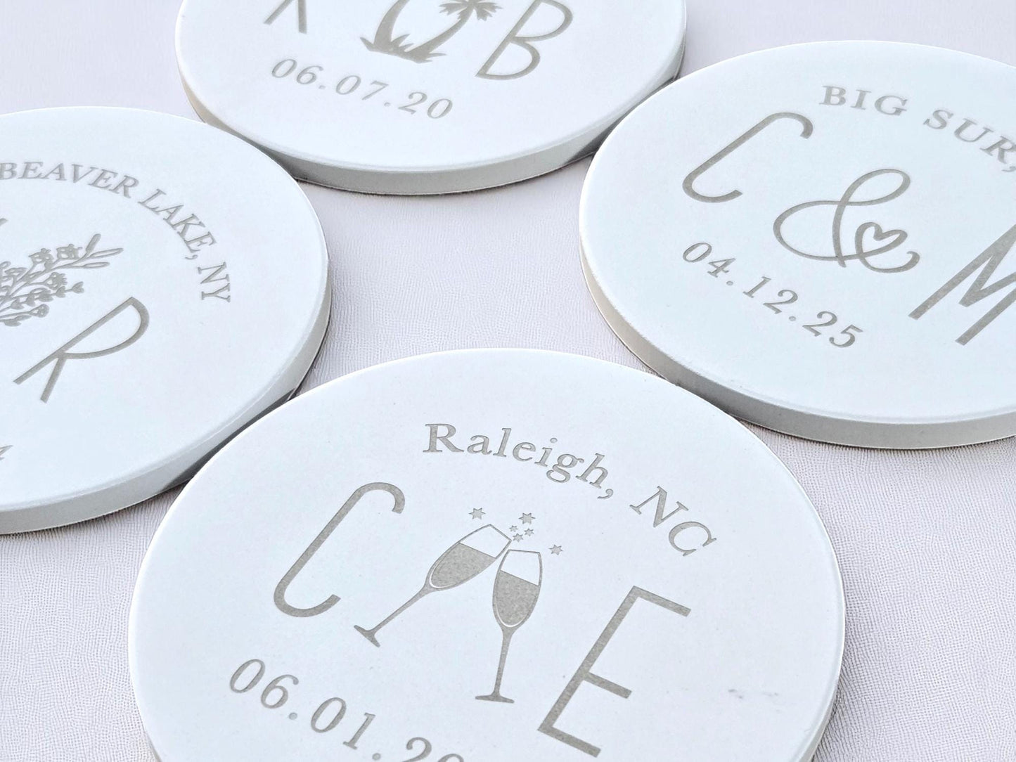 Bulk Wedding Guest Favors, Custom Laser Engraved, Round Matte White Ceramic Tile Coasters, Wedding Guest Gifts, Personalized Text