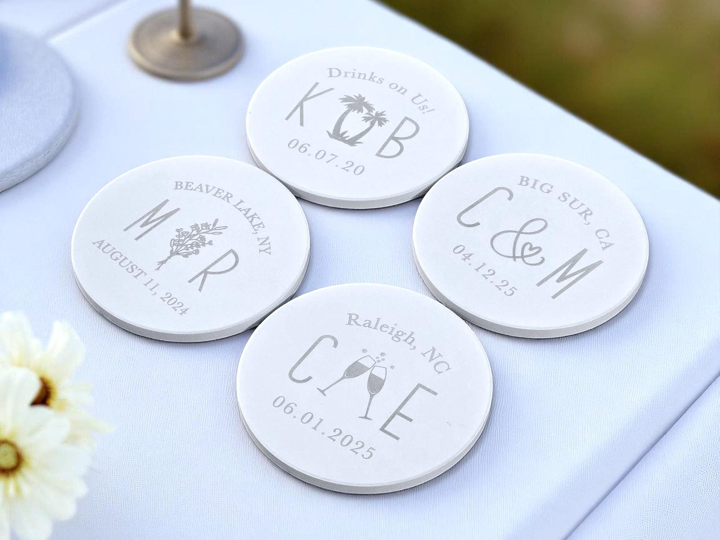 Bulk Wedding Guest Favors, Custom Laser Engraved, Round Matte White Ceramic Tile Coasters, Wedding Guest Gifts, Personalized Text