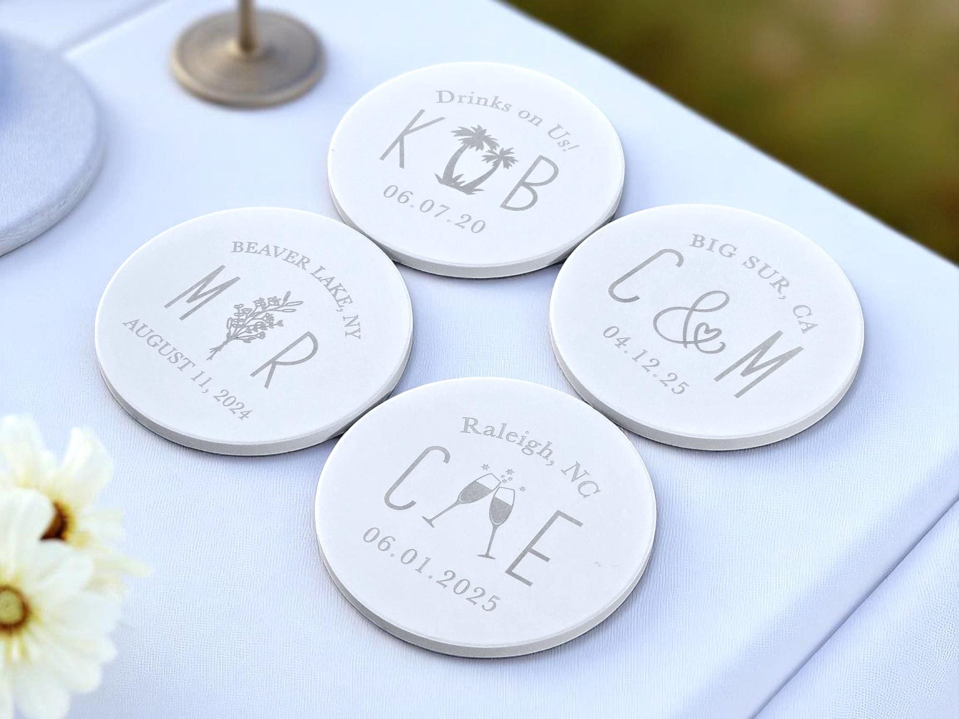 Bulk Wedding Guest Favors, Custom Laser Engraved, Round Matte White Ceramic Tile Coasters, Wedding Guest Gifts, Personalized Text