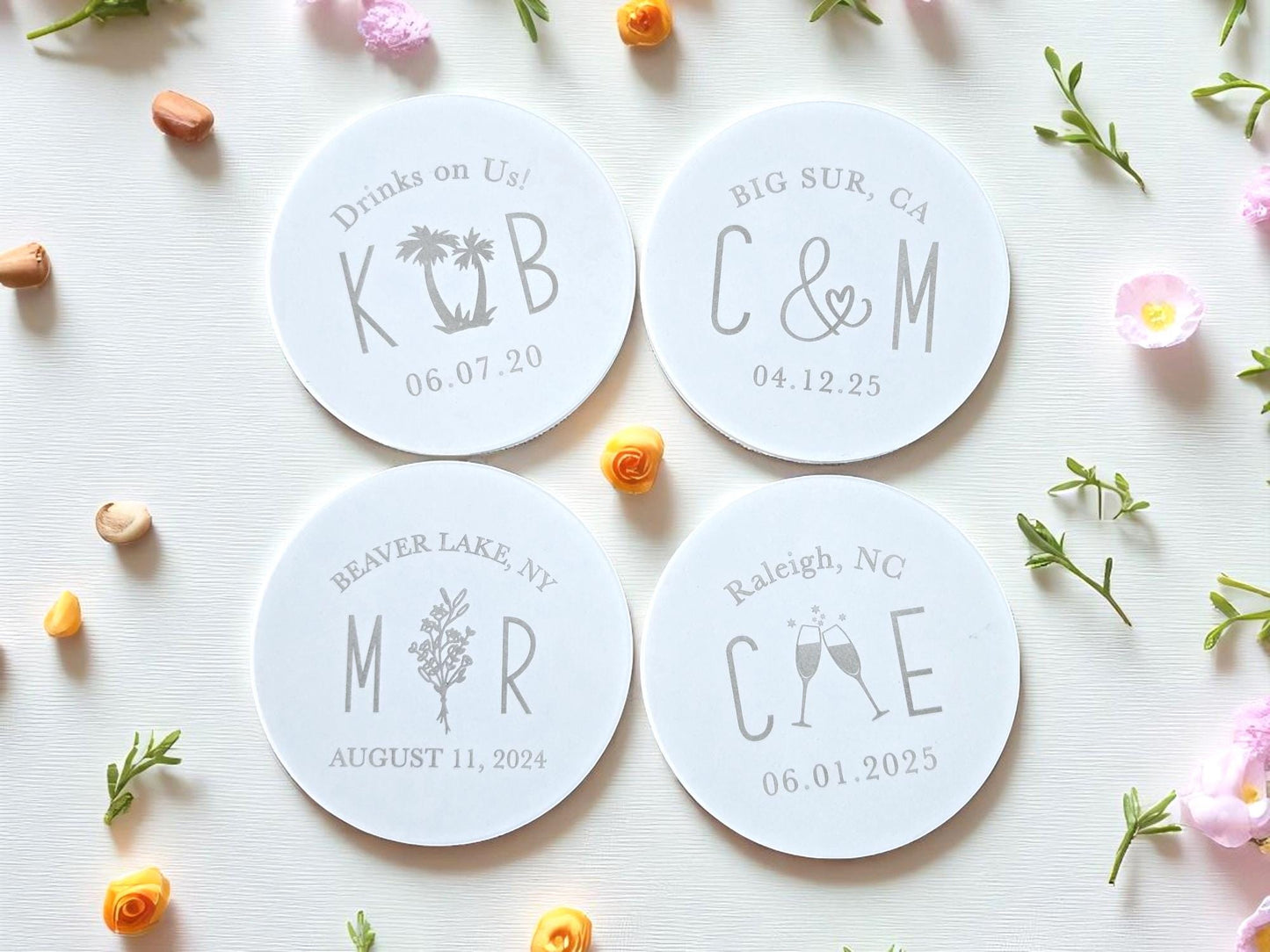 Bulk Wedding Guest Favors, Custom Laser Engraved, Round Matte White Ceramic Tile Coasters, Wedding Guest Gifts, Personalized Text