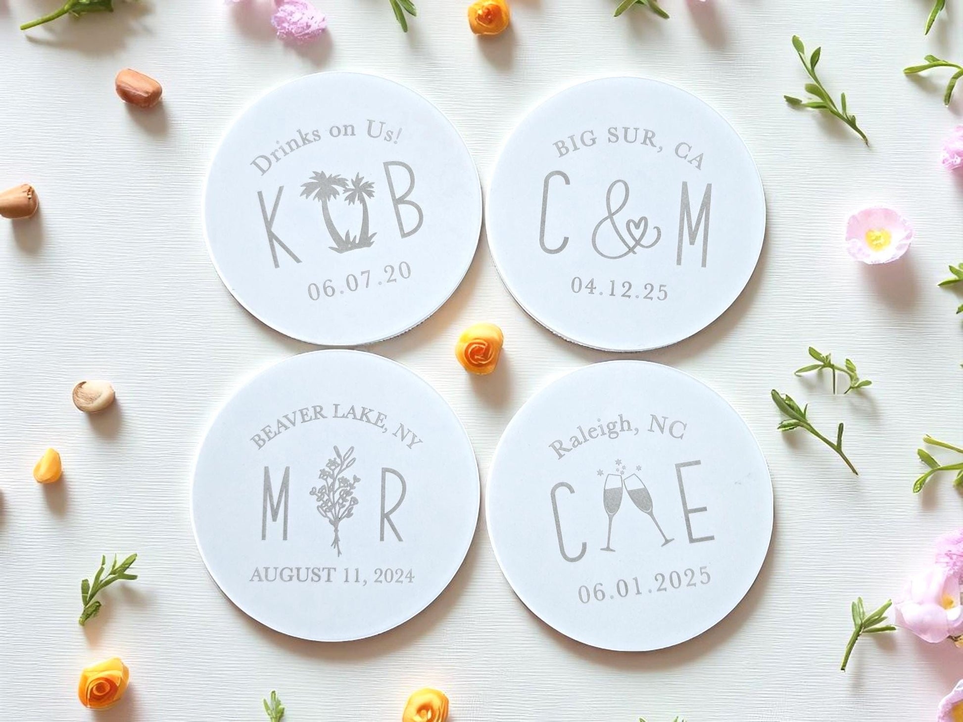 Bulk Wedding Guest Favors, Custom Laser Engraved, Round Matte White Ceramic Tile Coasters, Wedding Guest Gifts, Personalized Text