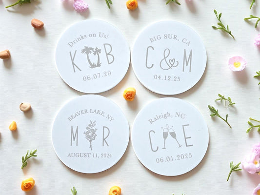 Bulk Wedding Guest Favors, Custom Laser Engraved, Round Matte White Ceramic Tile Coasters, Wedding Guest Gifts, Personalized Text