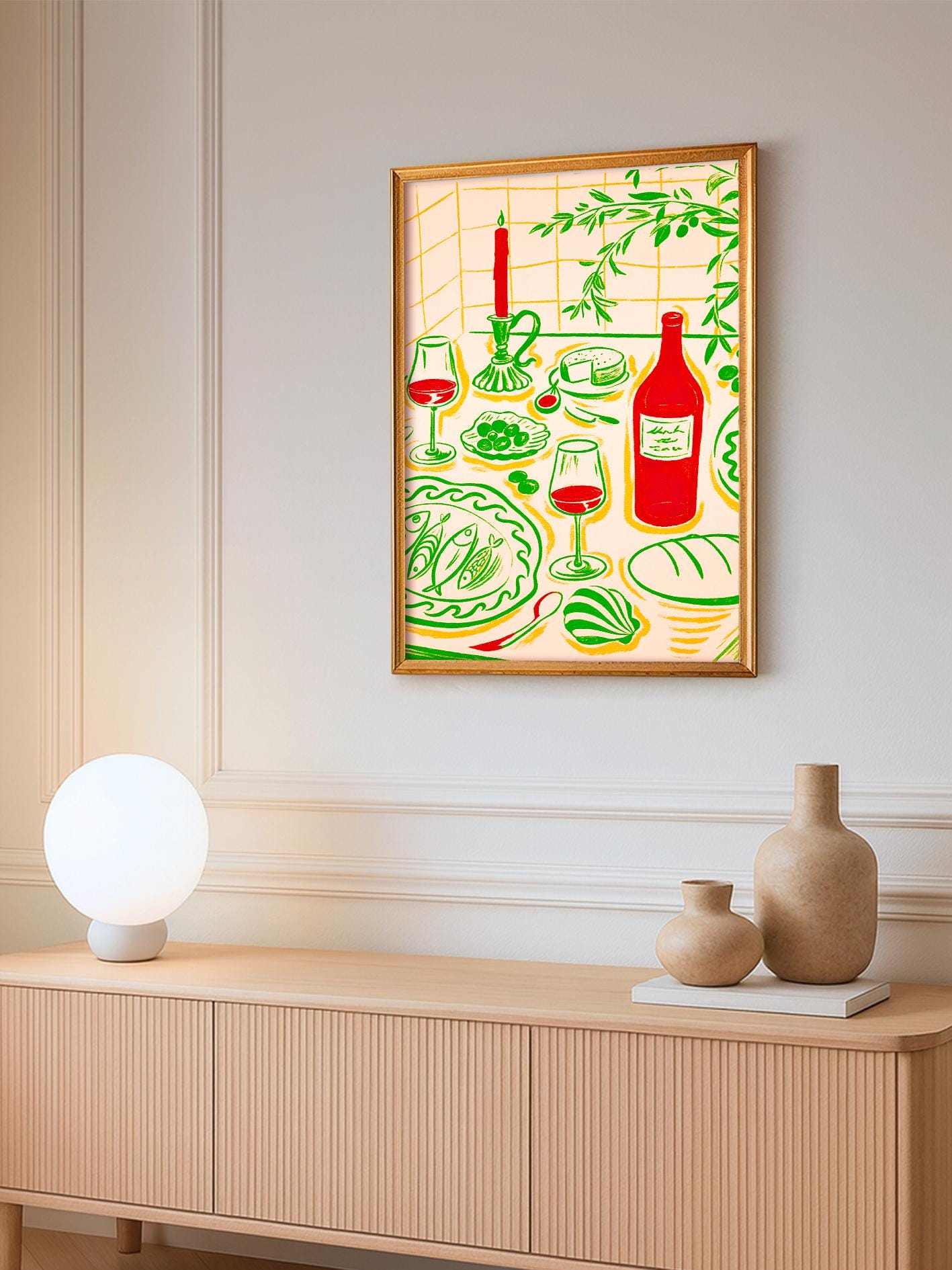 Italian kitchen poster, table food illustration, Mediterranean art print with red wine and cheese, retro culinary art, Italian wine and food
