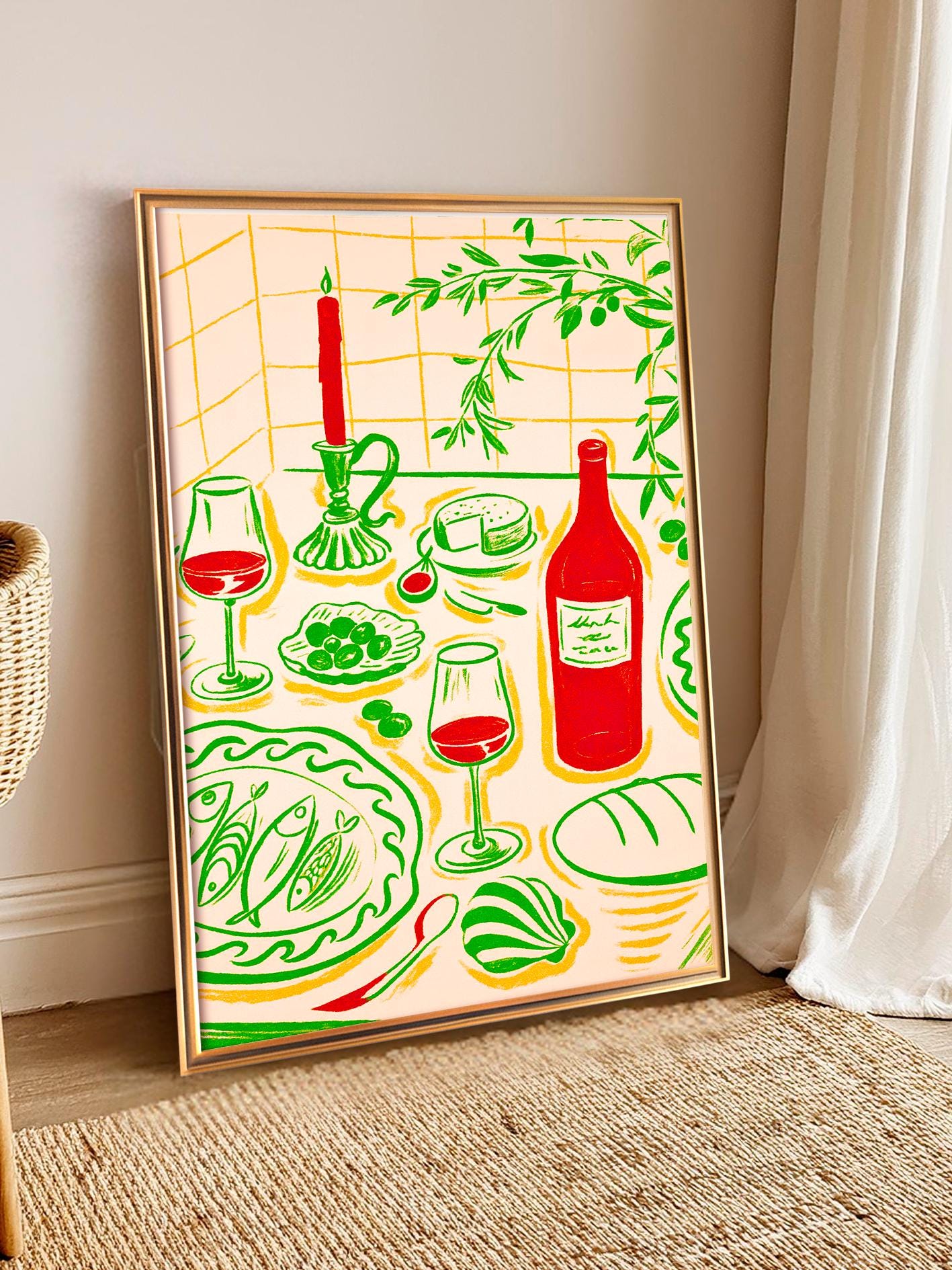 Italian kitchen poster, table food illustration, Mediterranean art print with red wine and cheese, retro culinary art, Italian wine and food