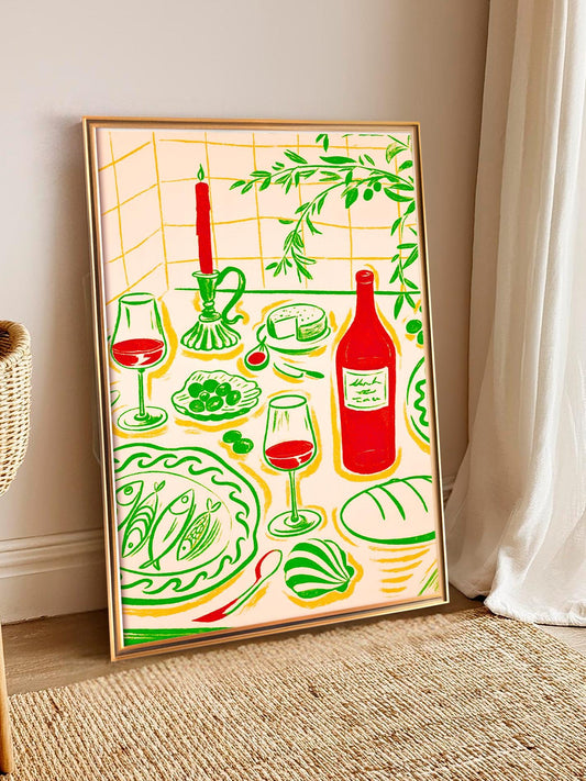 Italian kitchen poster, table food illustration, Mediterranean art print with red wine and cheese, retro culinary art, Italian wine and food