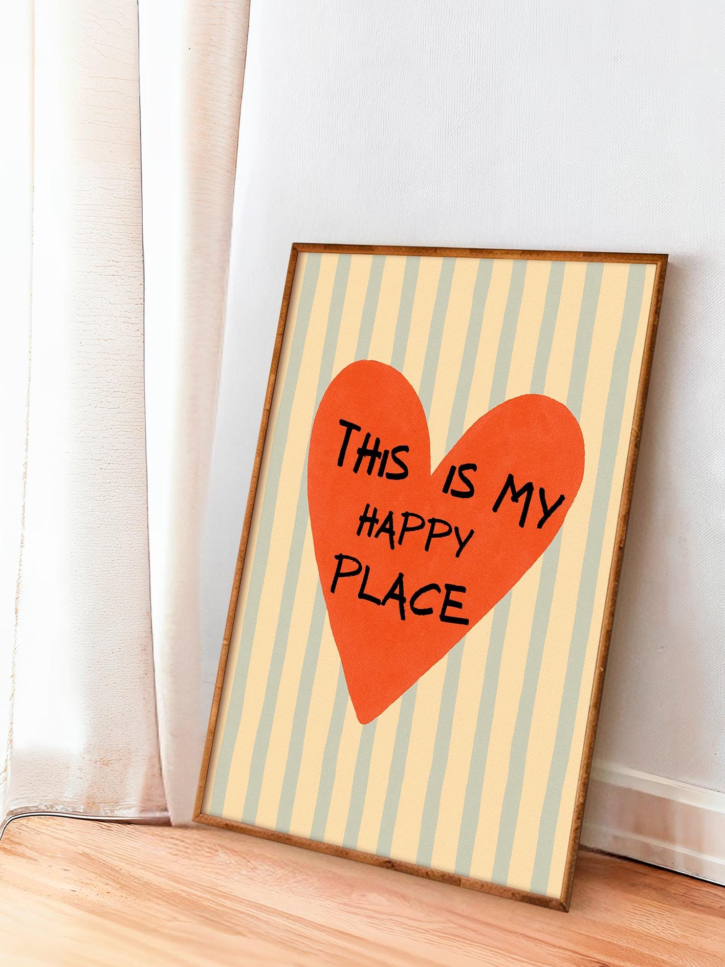 Heart poster with handwritten text "This is my happy place", retro motivational print, heart-shaped wall art, minimalist home decor