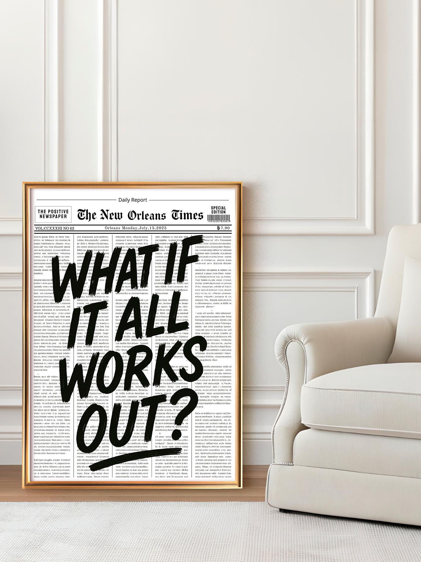 Motivational Poster, Retro Newspaper Style, “What If It All Works Out?” Black Wall Art for Dorm Room and Bedroom