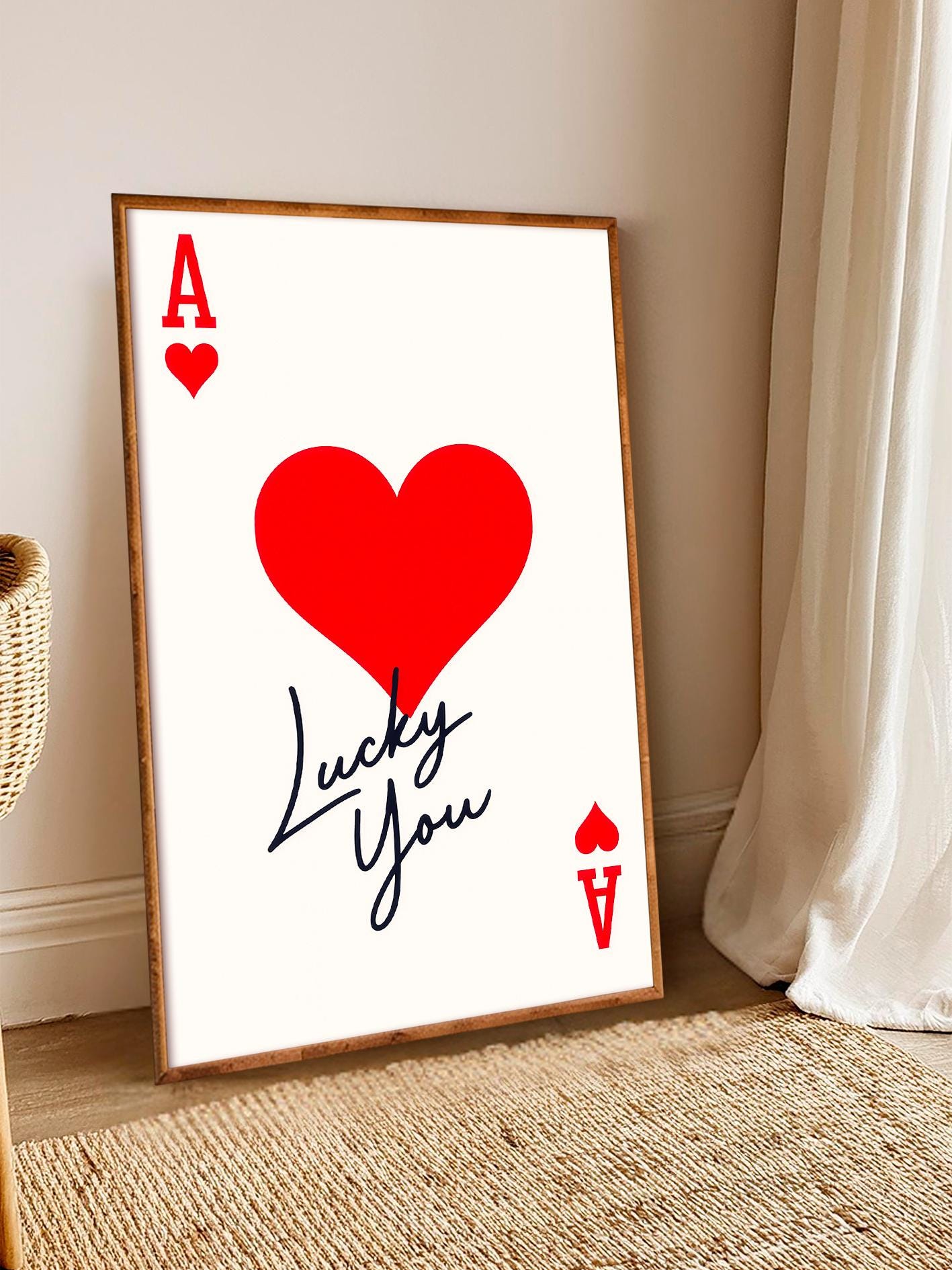 Poster Ace of Hearts, “Lucky You” text, Modern Minimalist Home Decor, Playing Card Art, Love Wall Decor, Anniversary Gift