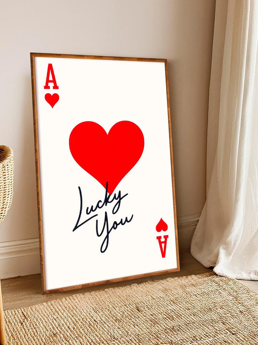 Poster Ace of Hearts, “Lucky You” text, Modern Minimalist Home Decor, Playing Card Art, Love Wall Decor, Anniversary Gift