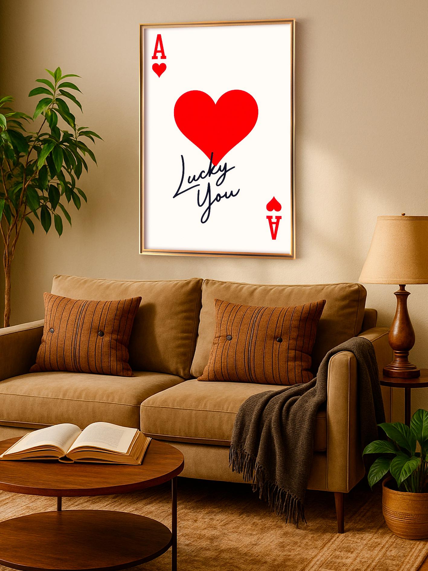 Poster Ace of Hearts, “Lucky You” text, Modern Minimalist Home Decor, Playing Card Art, Love Wall Decor, Anniversary Gift