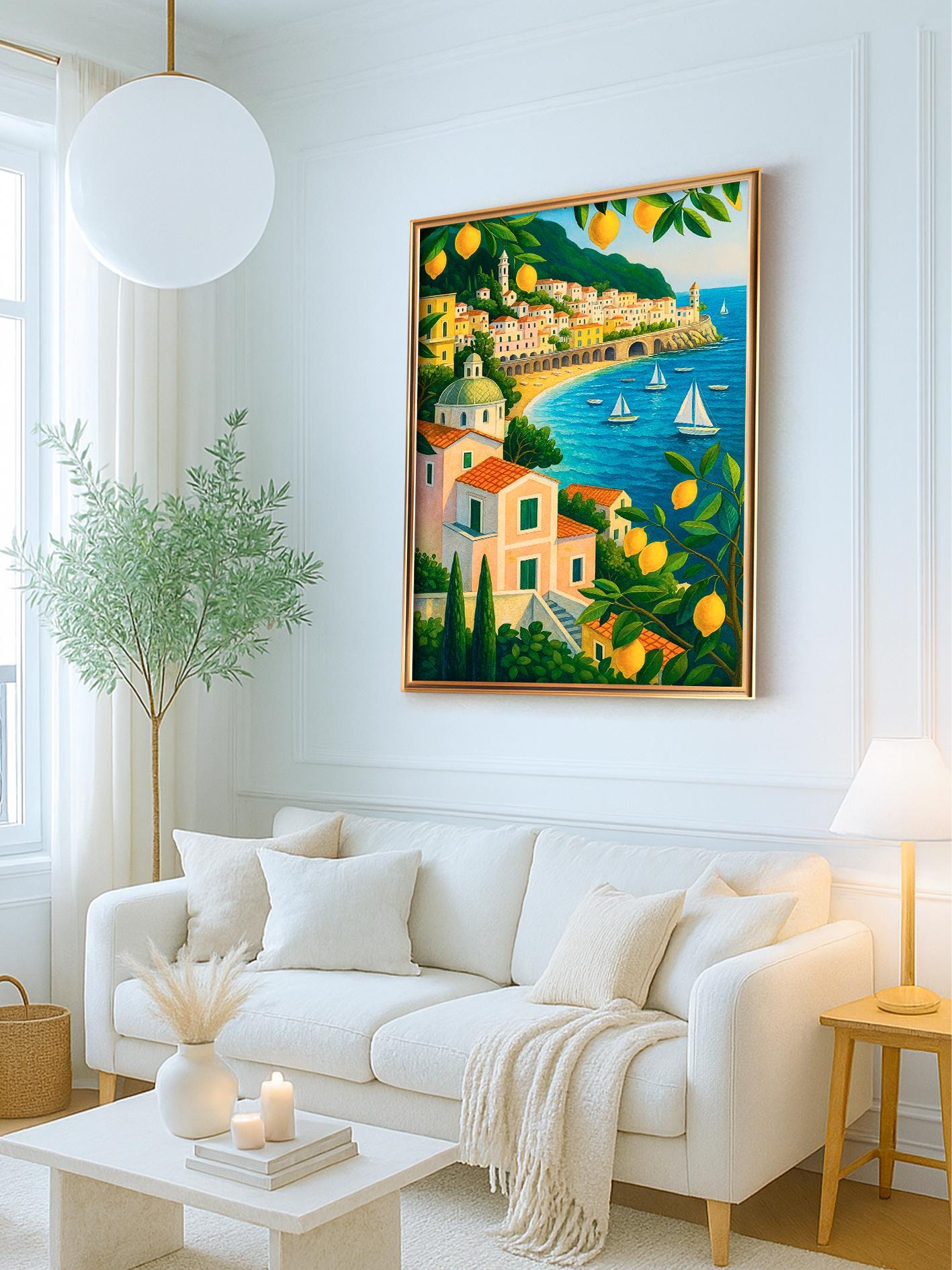 Amalfi Coast Poster with Lemons, Mediterranean Illustration with Sailboats, Italian Art Print, Wall Art for Home, Kitchen, Gift