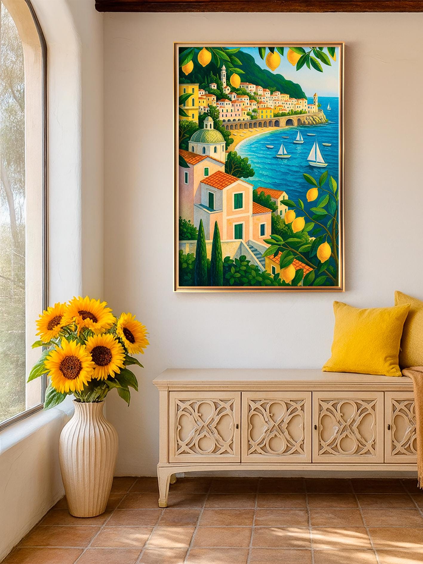 Amalfi Coast Poster with Lemons, Mediterranean Illustration with Sailboats, Italian Art Print, Wall Art for Home, Kitchen, Gift