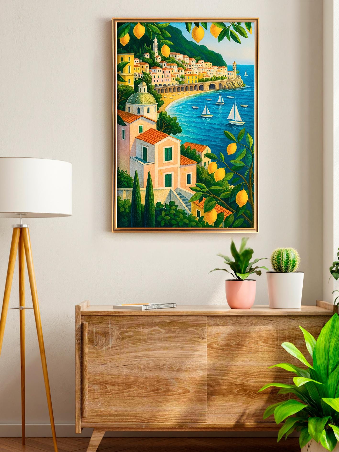Amalfi Coast Poster with Lemons, Mediterranean Illustration with Sailboats, Italian Art Print, Wall Art for Home, Kitchen, Gift