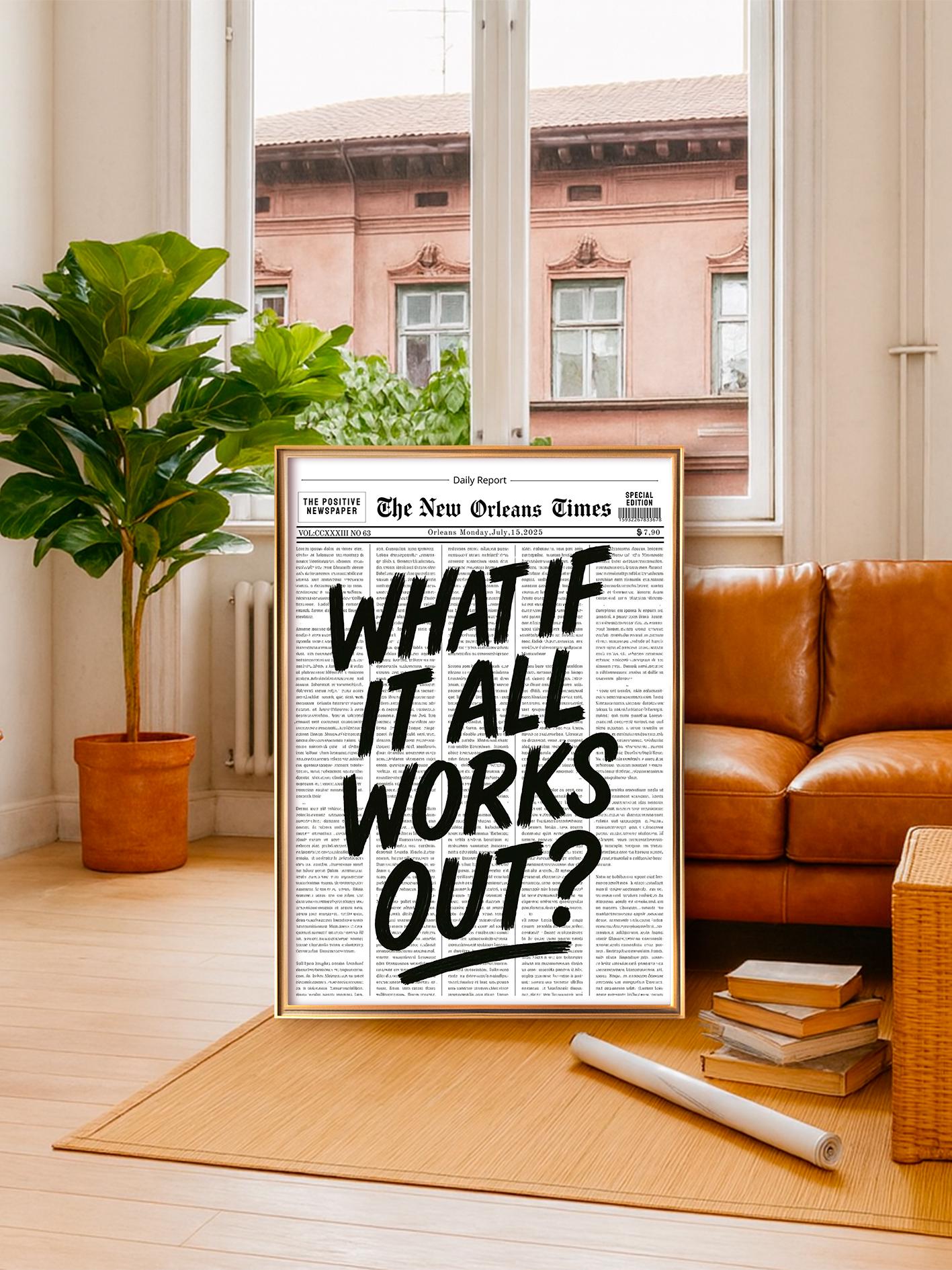 Motivational Poster, Retro Newspaper Style, “What If It All Works Out?” Black Wall Art for Dorm Room and Bedroom