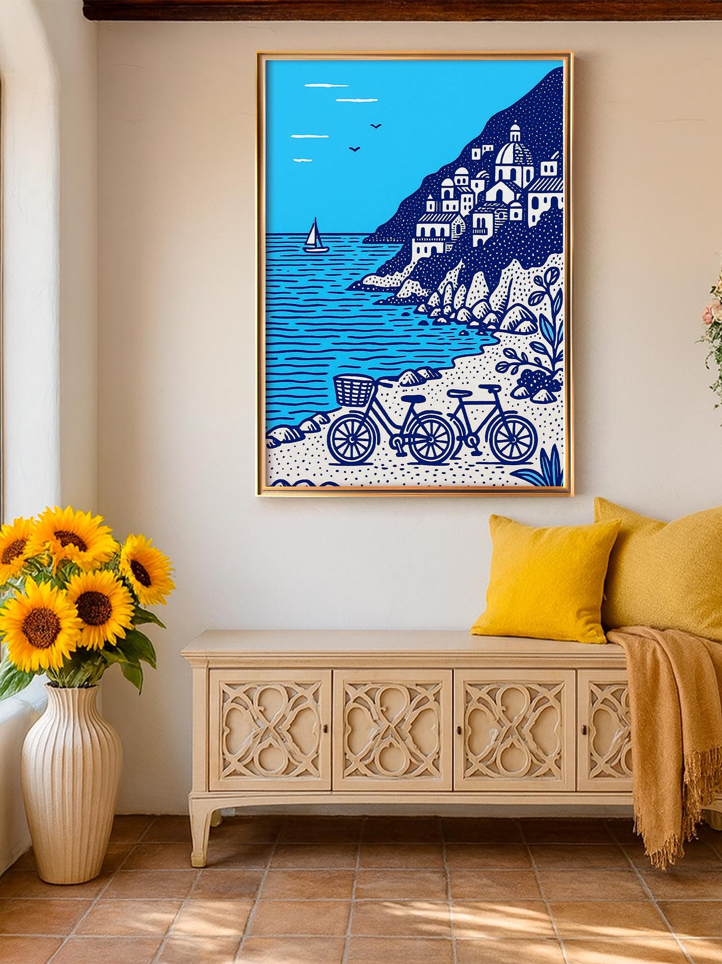 Amalfi Coast Print Positano Poster, Mediterranean Wall Art, Italy Travel Poster, Blue and White Illustration with Bicycles, Beach Deco