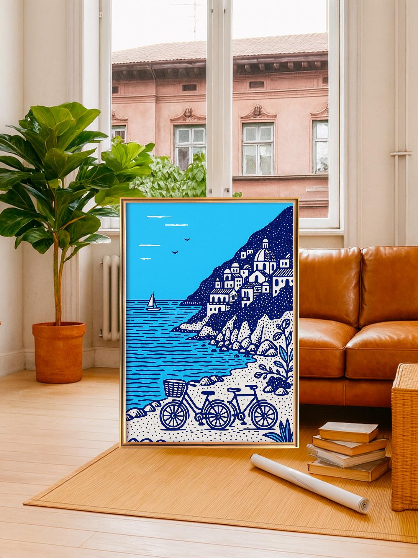 Amalfi Coast Print Positano Poster, Mediterranean Wall Art, Italy Travel Poster, Blue and White Illustration with Bicycles, Beach Deco