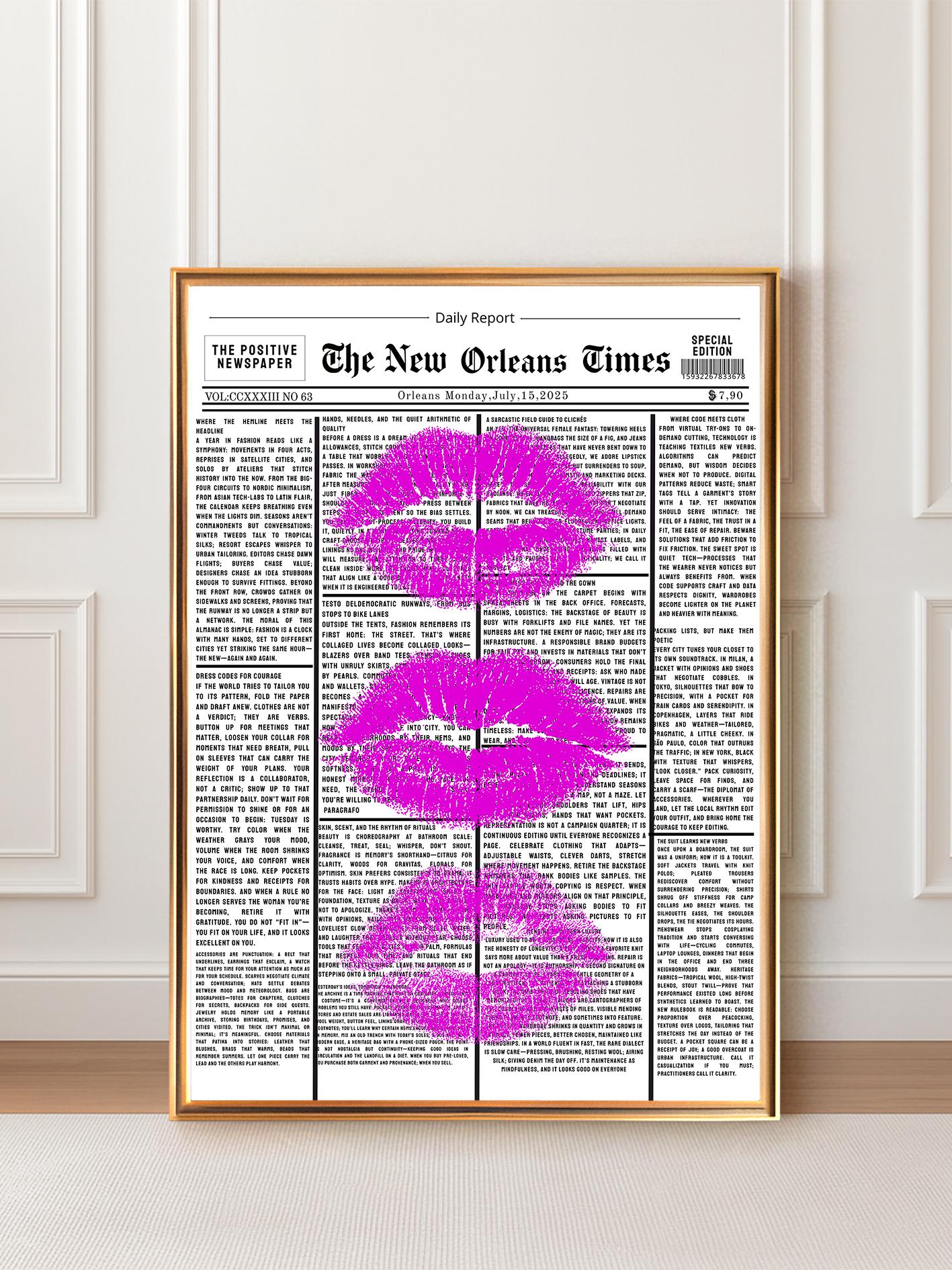 Pink Lips on Newspaper Poster, Retro Black & White Wall Art, Preppy Girly Room Decor, Trendy Aesthetic Print
