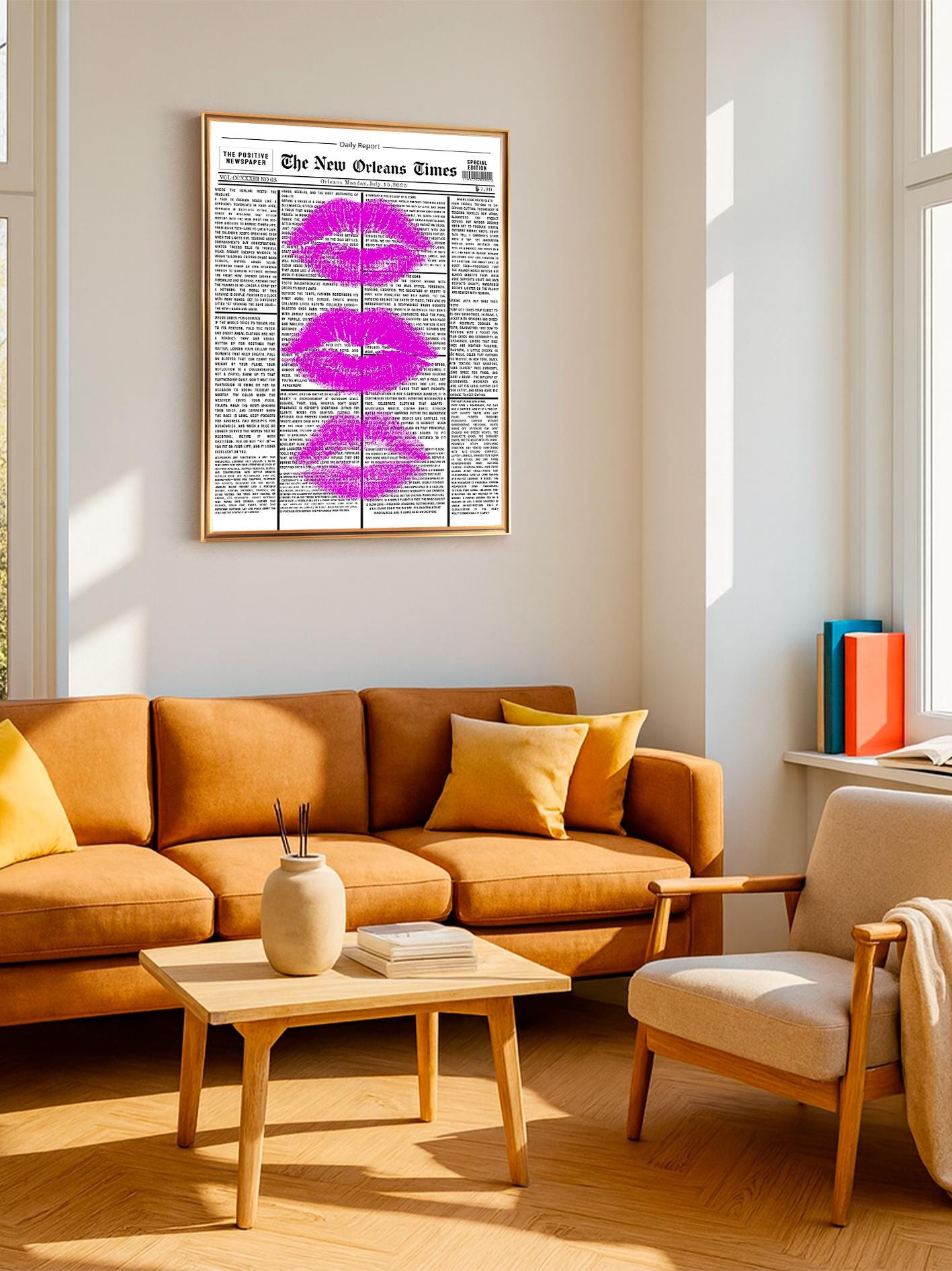 Pink Lips on Newspaper Poster, Retro Black & White Wall Art, Preppy Girly Room Decor, Trendy Aesthetic Print