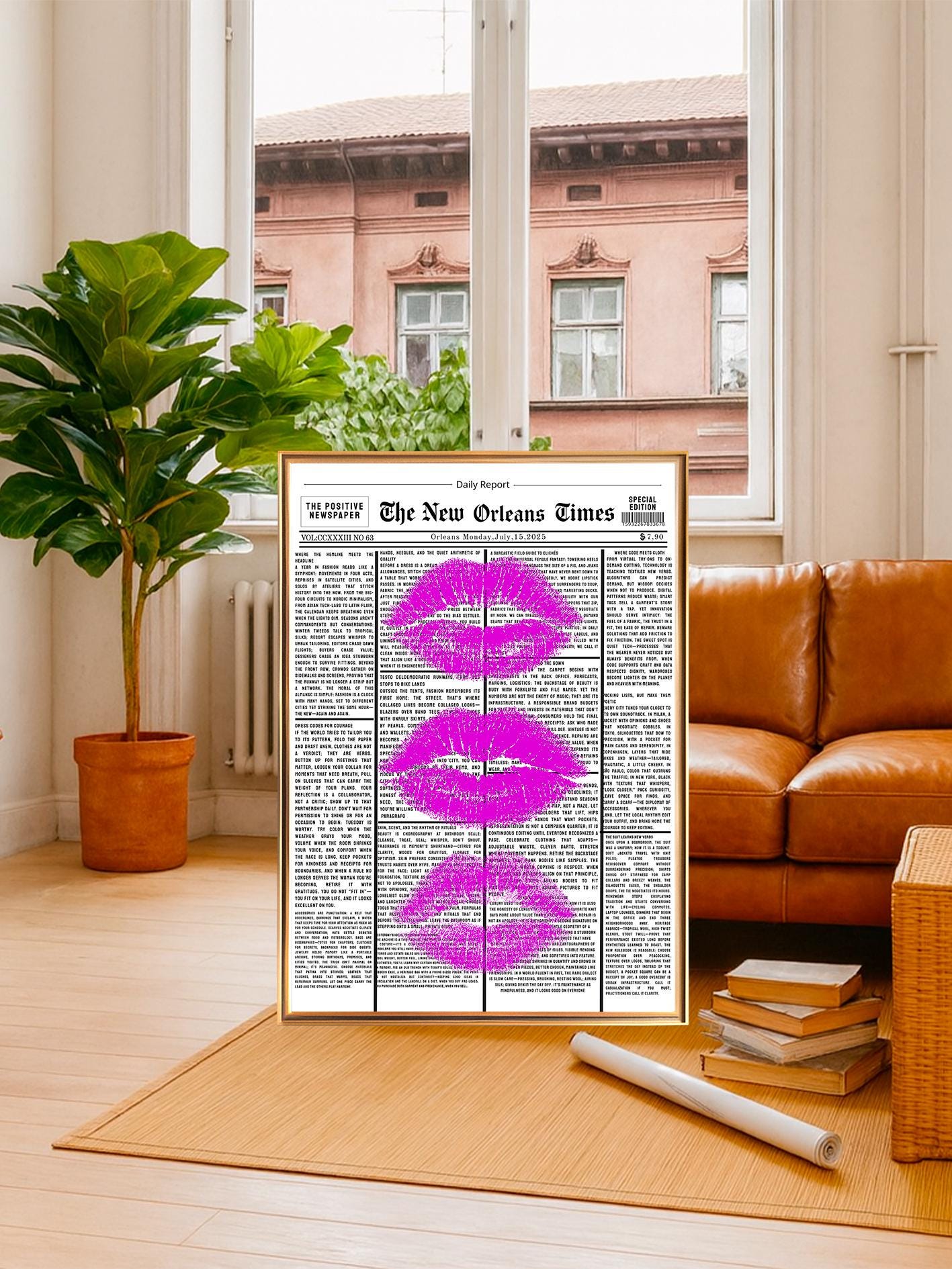 Pink Lips on Newspaper Poster, Retro Black & White Wall Art, Preppy Girly Room Decor, Trendy Aesthetic Print