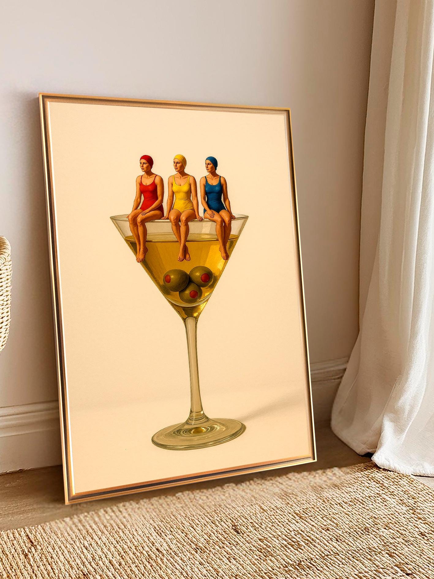 Dirty Martini poster with olives – modern vintage print for home bar, kitchen, living room, cocktail wall art