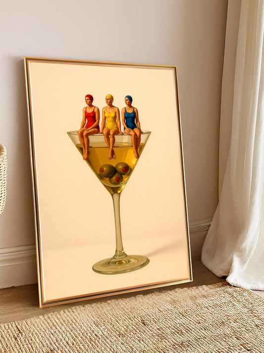 Dirty Martini poster with olives – modern vintage print for home bar, kitchen, living room, cocktail wall art