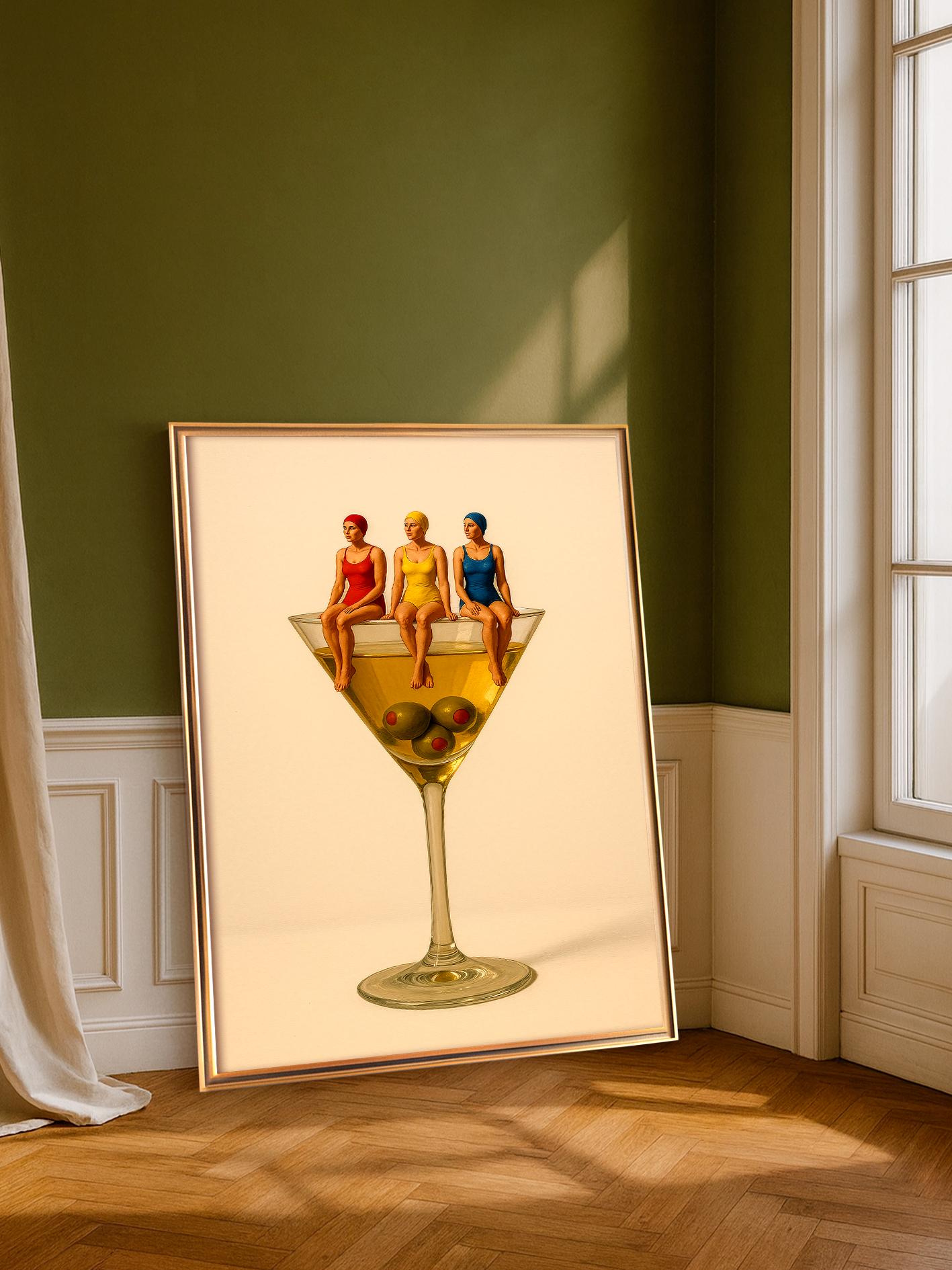 Dirty Martini poster with olives – modern vintage print for home bar, kitchen, living room, cocktail wall art