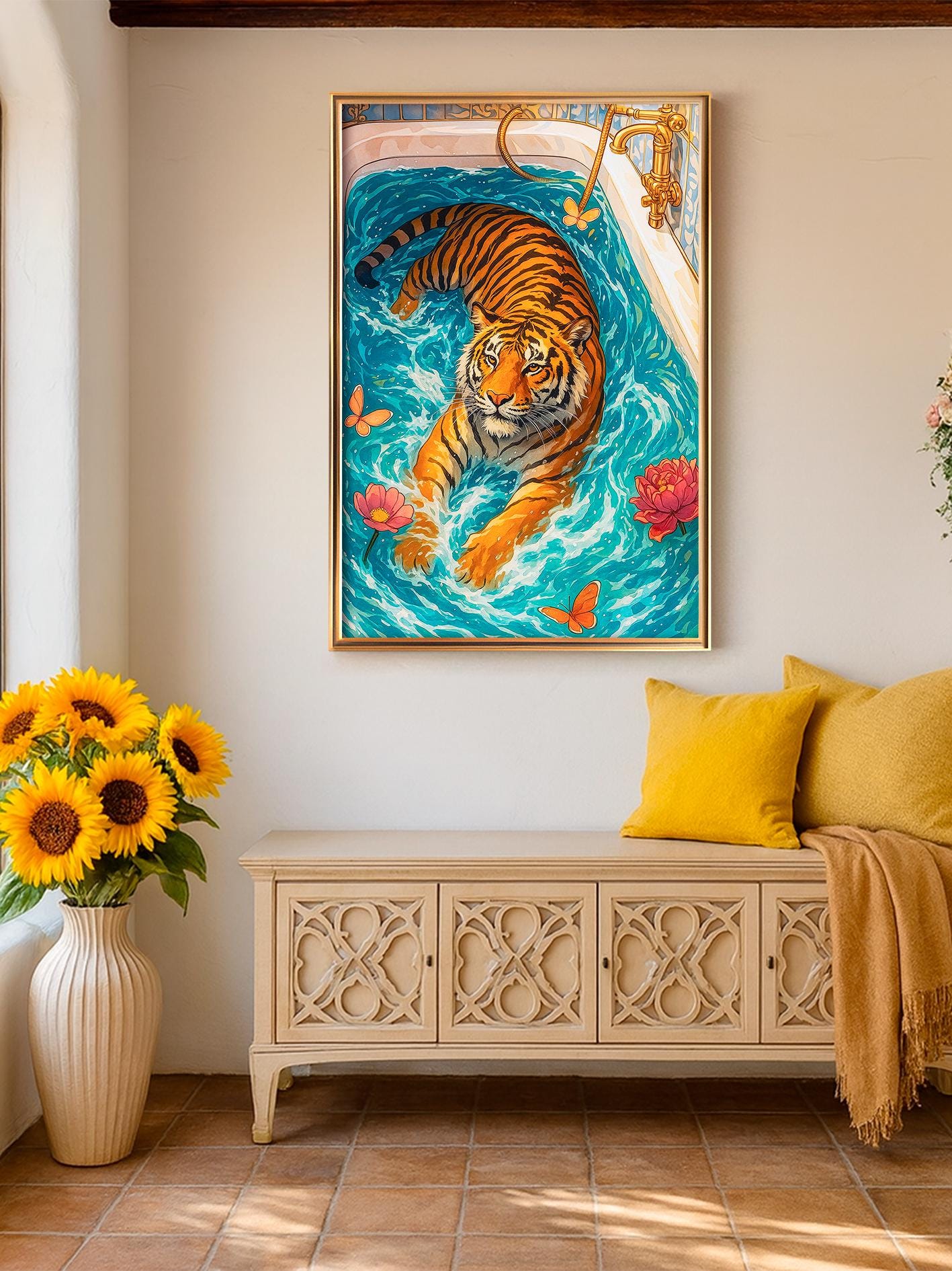 Tiger in Bathtub Art Print – Modern Art, Trendy Bathroom Décor for Home