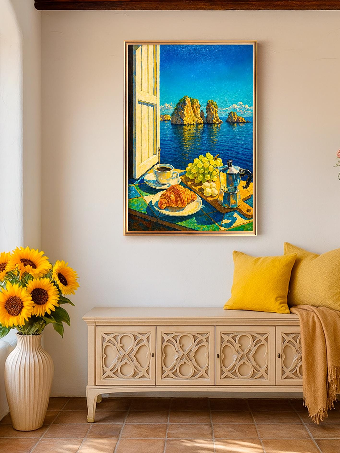 Mediterranean Window View Wall Art – Coastal Breakfast with Moka Pot and Croissant, Kitchen Wall Poster with Italian Sea View