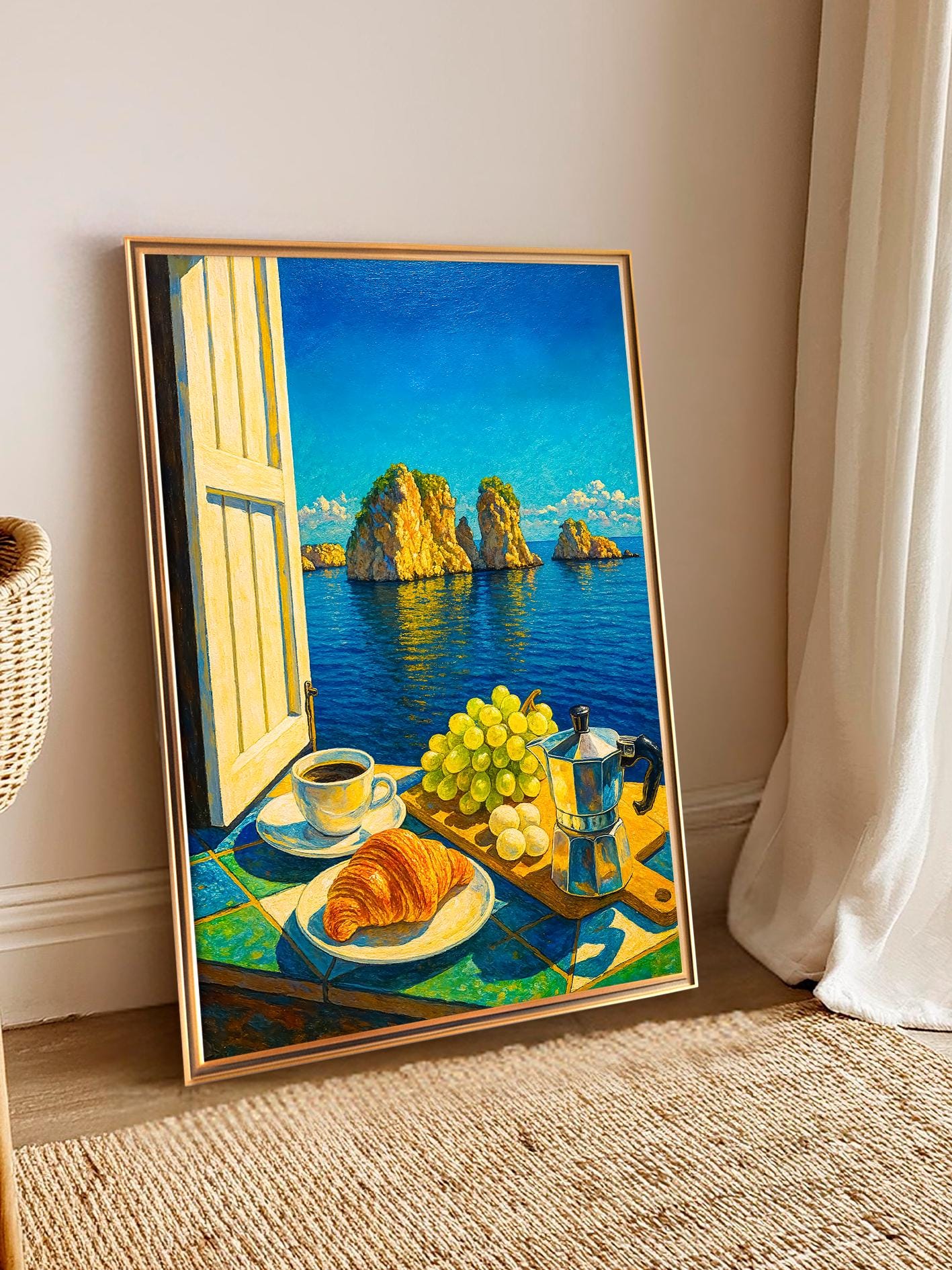 Mediterranean Window View Wall Art – Coastal Breakfast with Moka Pot and Croissant, Kitchen Wall Poster with Italian Sea View