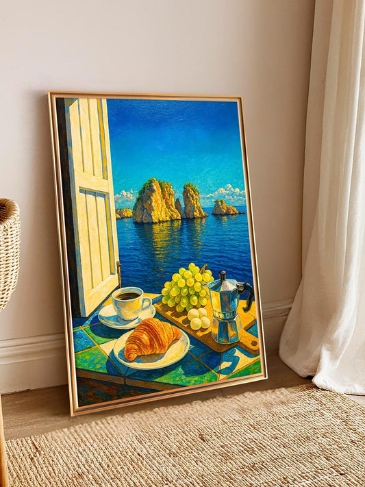 Mediterranean Window View Wall Art – Coastal Breakfast with Moka Pot and Croissant, Kitchen Wall Poster with Italian Sea View