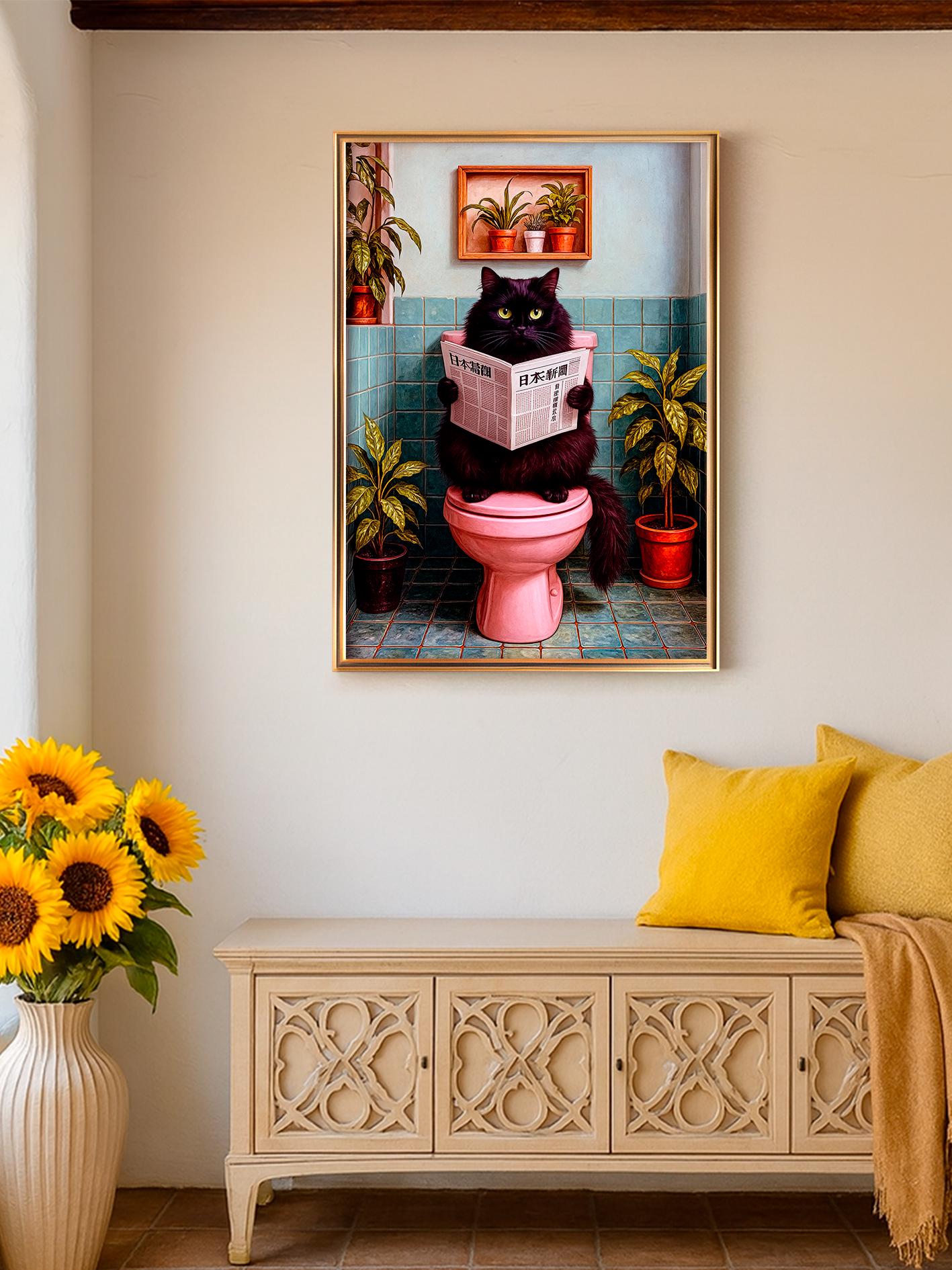 Funny Cat Bathroom Poster – Toilet Cat Meme Wall Art, Irony & Dopamine, Modern Cat Lovers Gift, Cute Feline Print for Home Decor bath décor