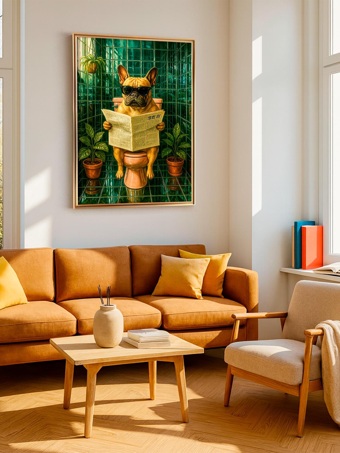 Decorative Poster with French Bulldog Reading a Newspaper, Funny Wall Art, Retro-Style dog, Perfect Gift idea for Animal Lovers