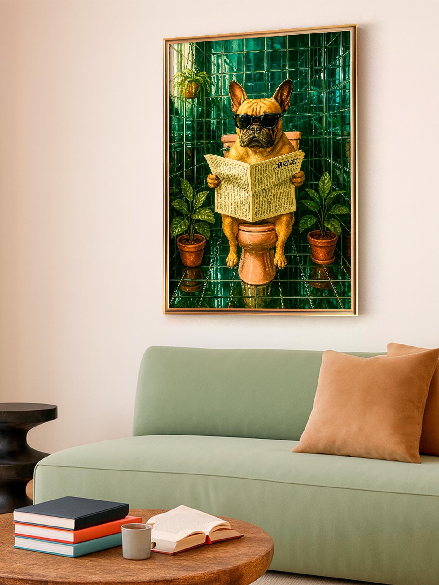 Decorative Poster with French Bulldog Reading a Newspaper, Funny Wall Art, Retro-Style dog, Perfect Gift idea for Animal Lovers