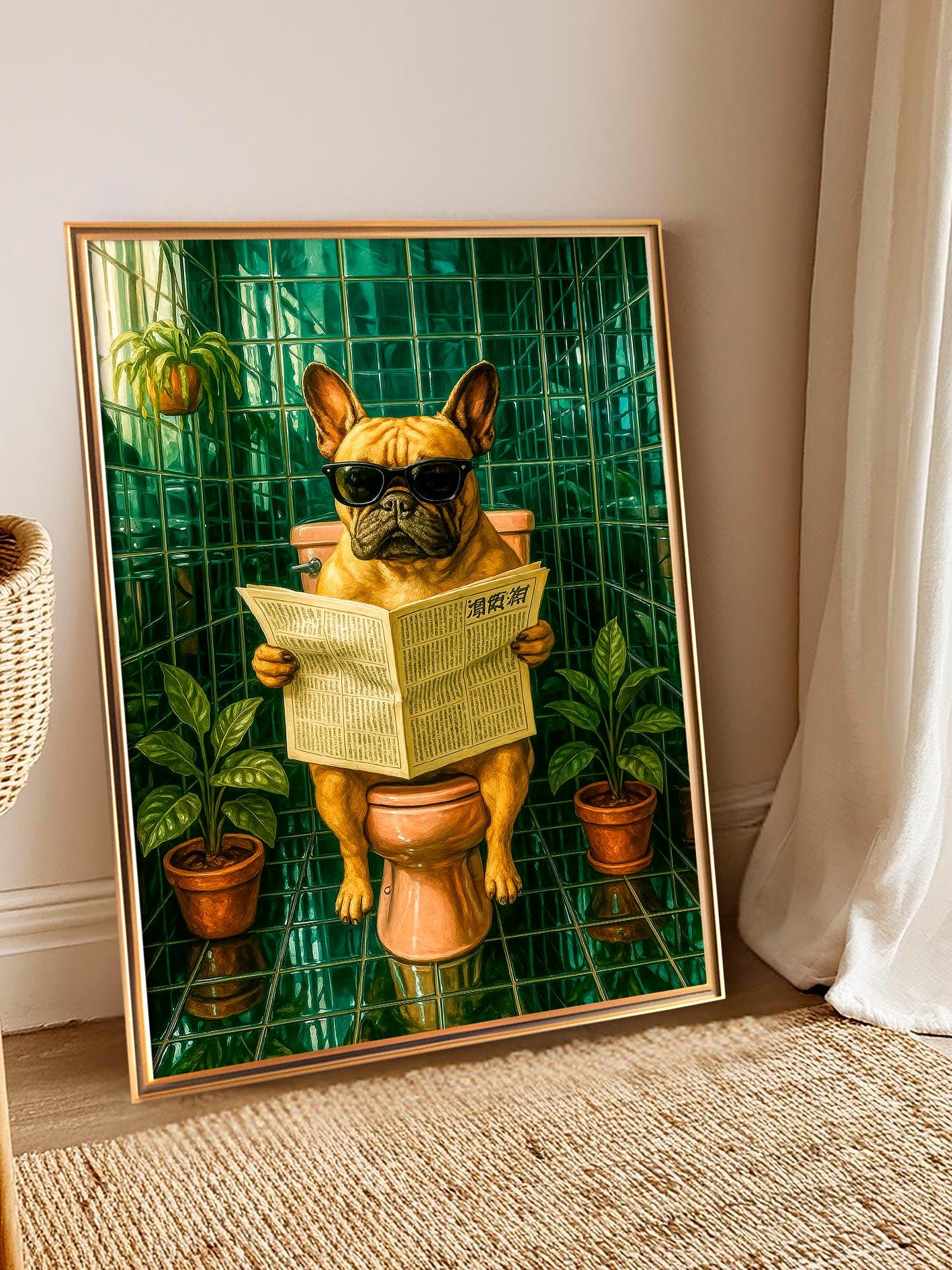 Decorative Poster with French Bulldog Reading a Newspaper, Funny Wall Art, Retro-Style dog, Perfect Gift idea for Animal Lovers