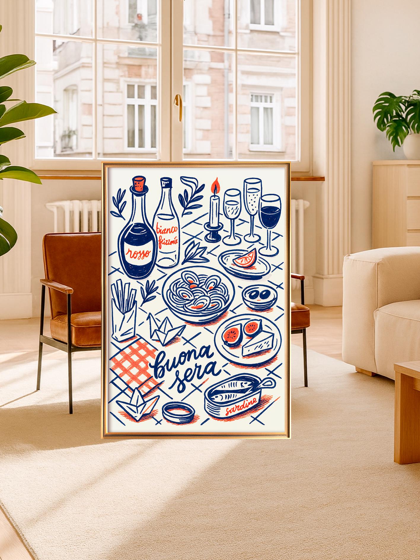 Mediterranean Kitchen Poster, Vintage Kitchen Print, Artistic Food Illustration, Retro Wall Art
