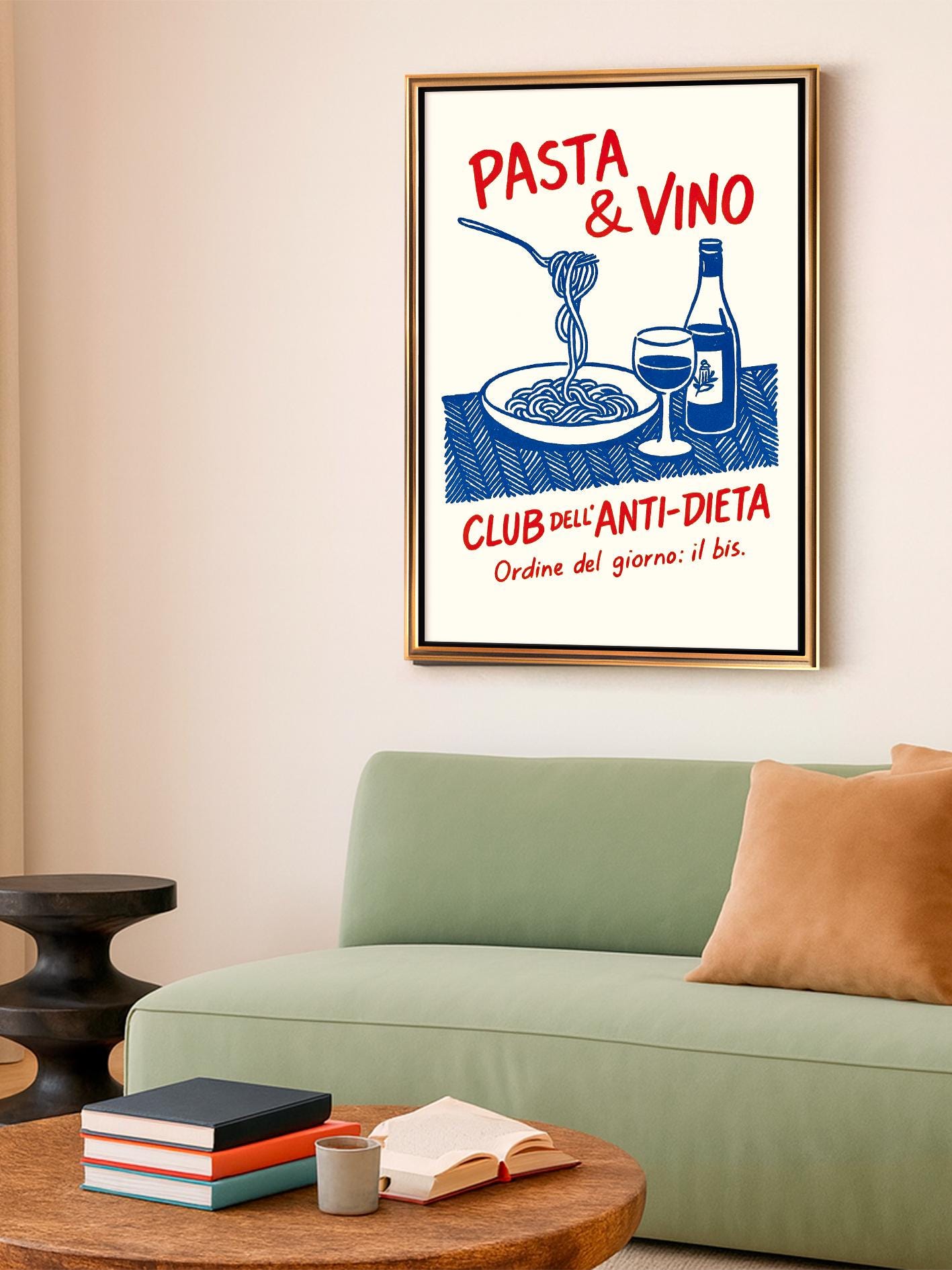 Italian Kitchen Poster With Pasta and Wine – Retro Kitchen Wall Art, Dining Room Decoration, Spaghetti Plate Illustration, Wine Bottle Print