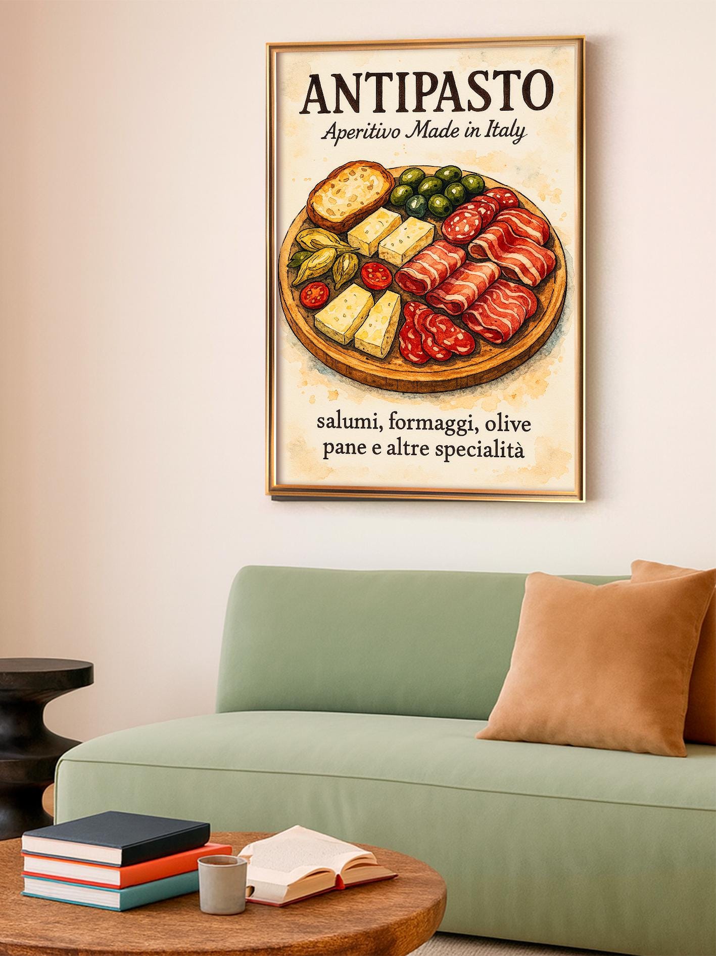 Italian Kitchen Poster With Cured Meats and Cheeses, Illustration of Italian Aperitif Boards, Kitchen Wall Art, Kitchen Decor