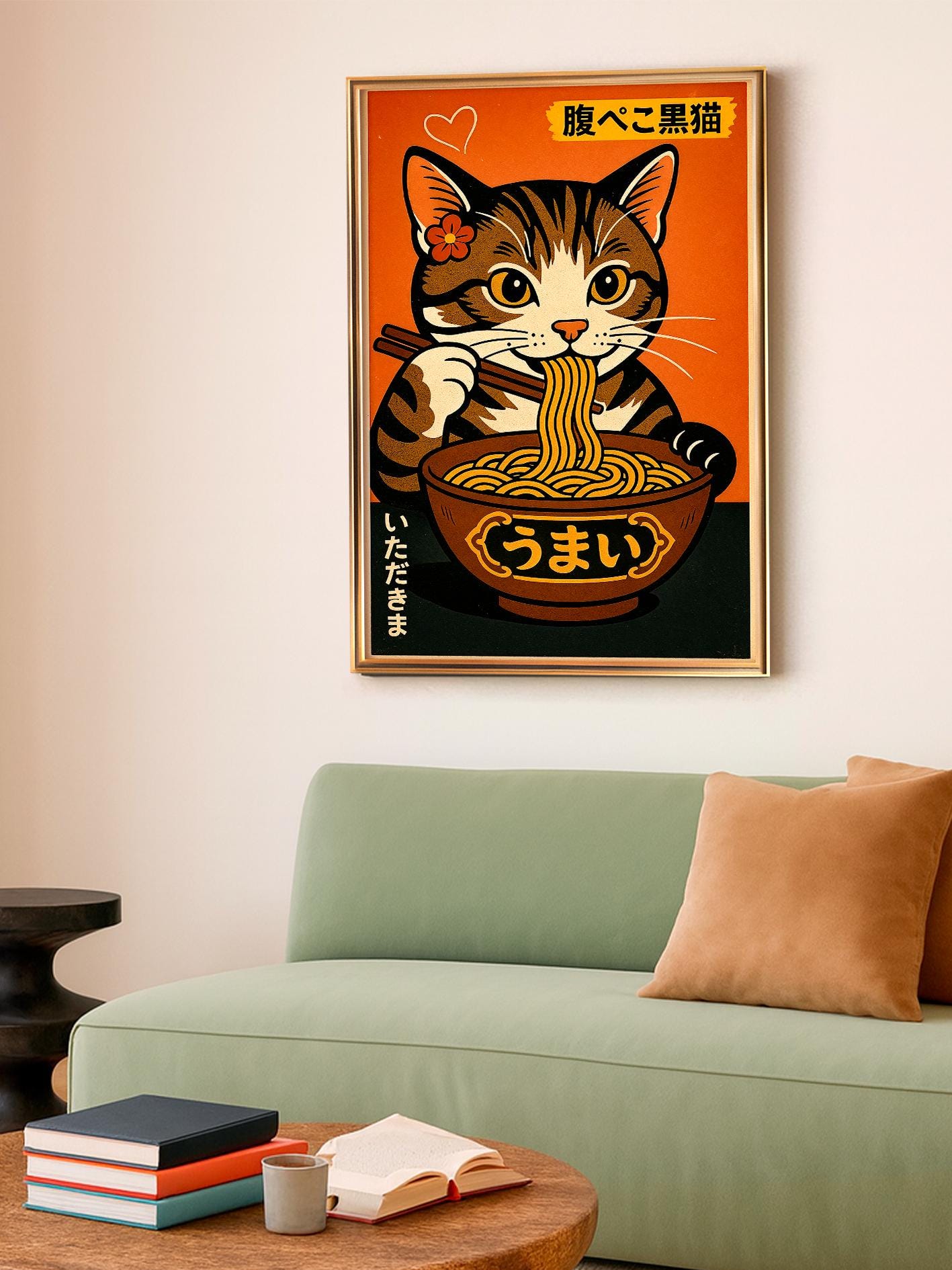 Poster of a Cat Eating Ramen in Japanese Style, Hungry Cat Illustration, Japanese Wall Art, Print for Cat Lovers