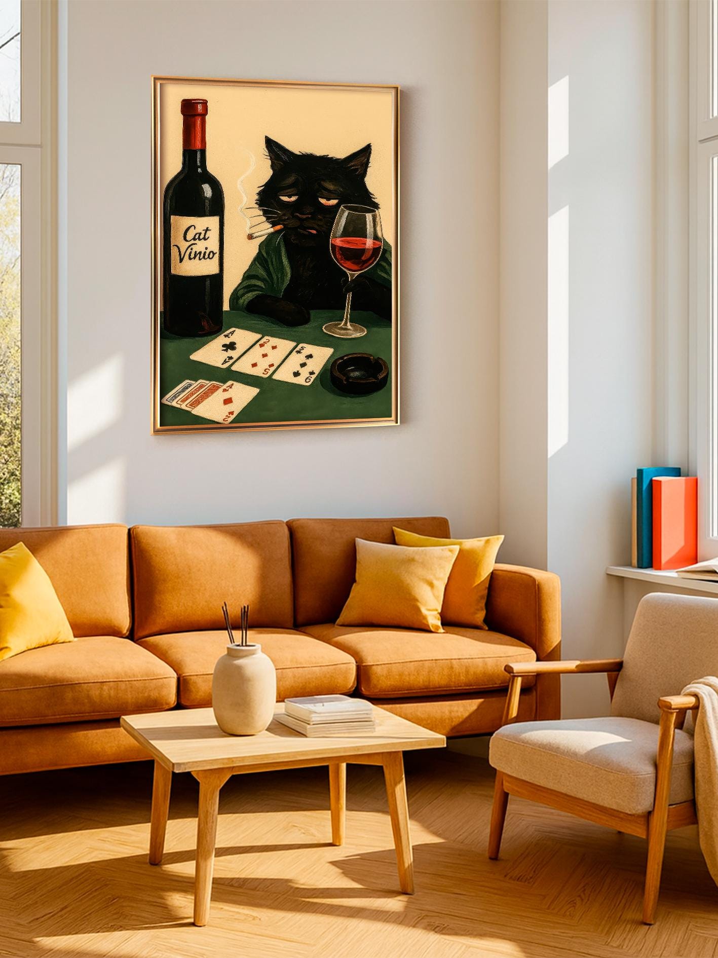 Depressed Black Cat Poster, Smoking Cat With Red Wine, Ironic Painting of a Poker-Playing Cat in a Robe, Noir Style, Dark Feline Humor