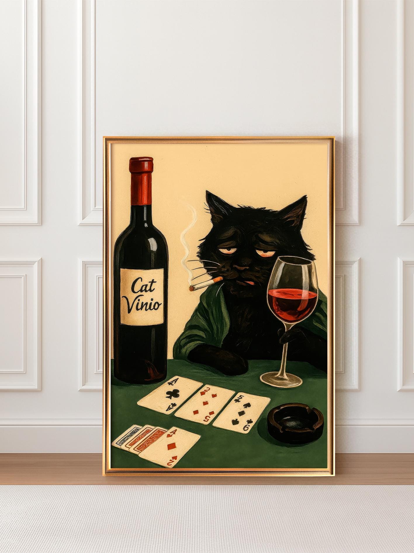 Depressed Black Cat Poster, Smoking Cat With Red Wine, Ironic Painting of a Poker-Playing Cat in a Robe, Noir Style, Dark Feline Humor