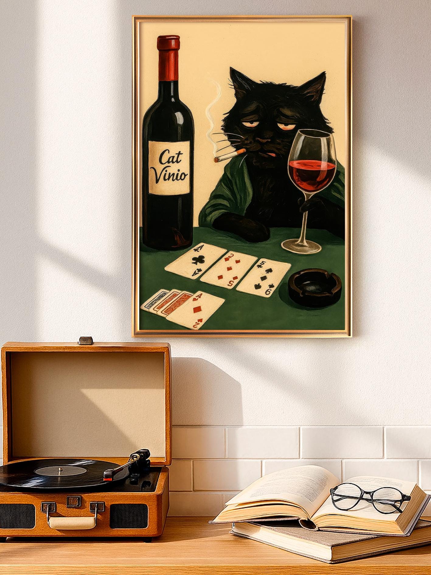 Depressed Black Cat Poster, Smoking Cat With Red Wine, Ironic Painting of a Poker-Playing Cat in a Robe, Noir Style, Dark Feline Humor