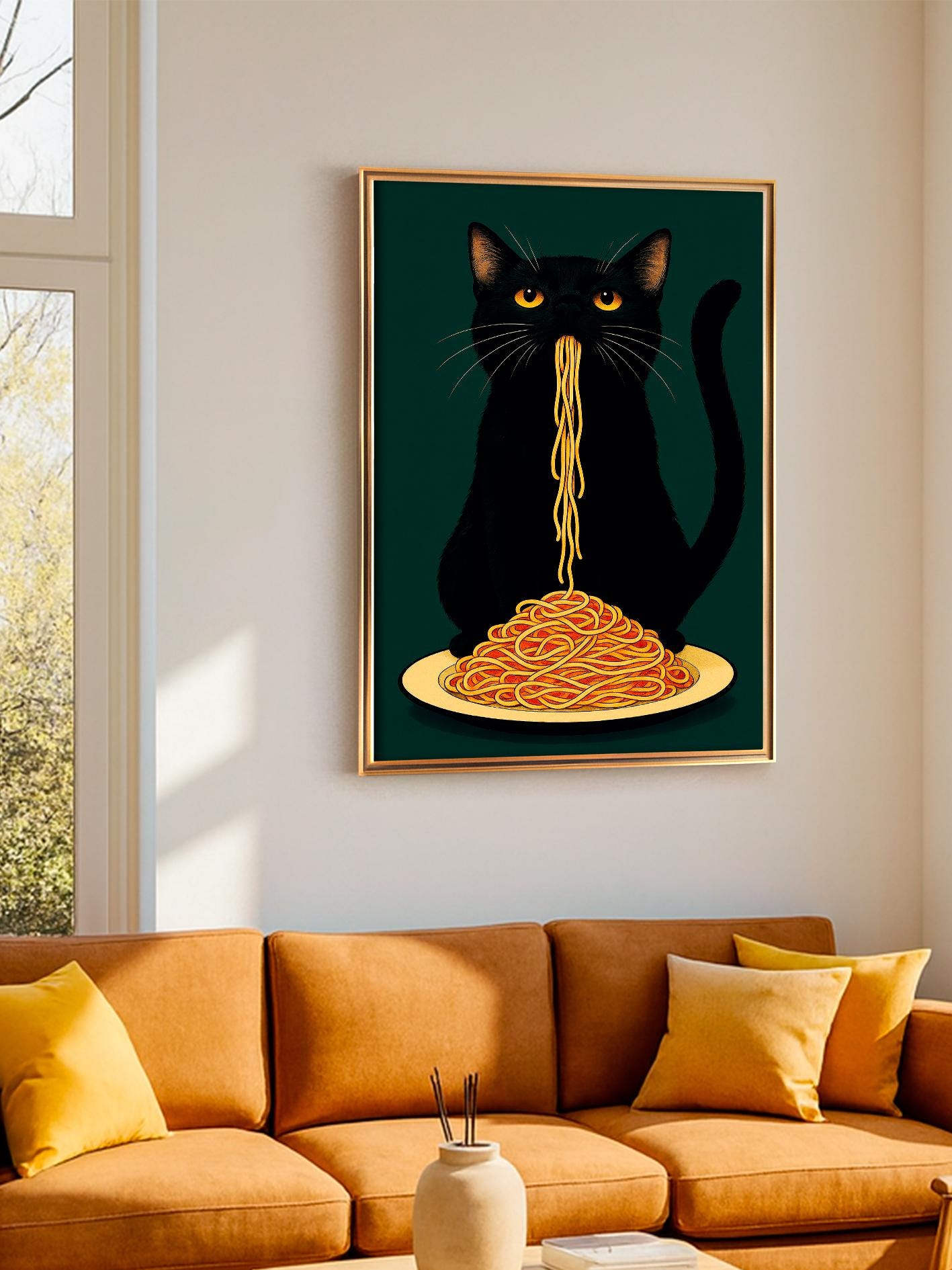 Black Cat Eating Spaghetti Poster, Humorous Print of a Hungry Cat, Black Cat Italian Pasta Illustration, Retro-Style Gothic Wall Art