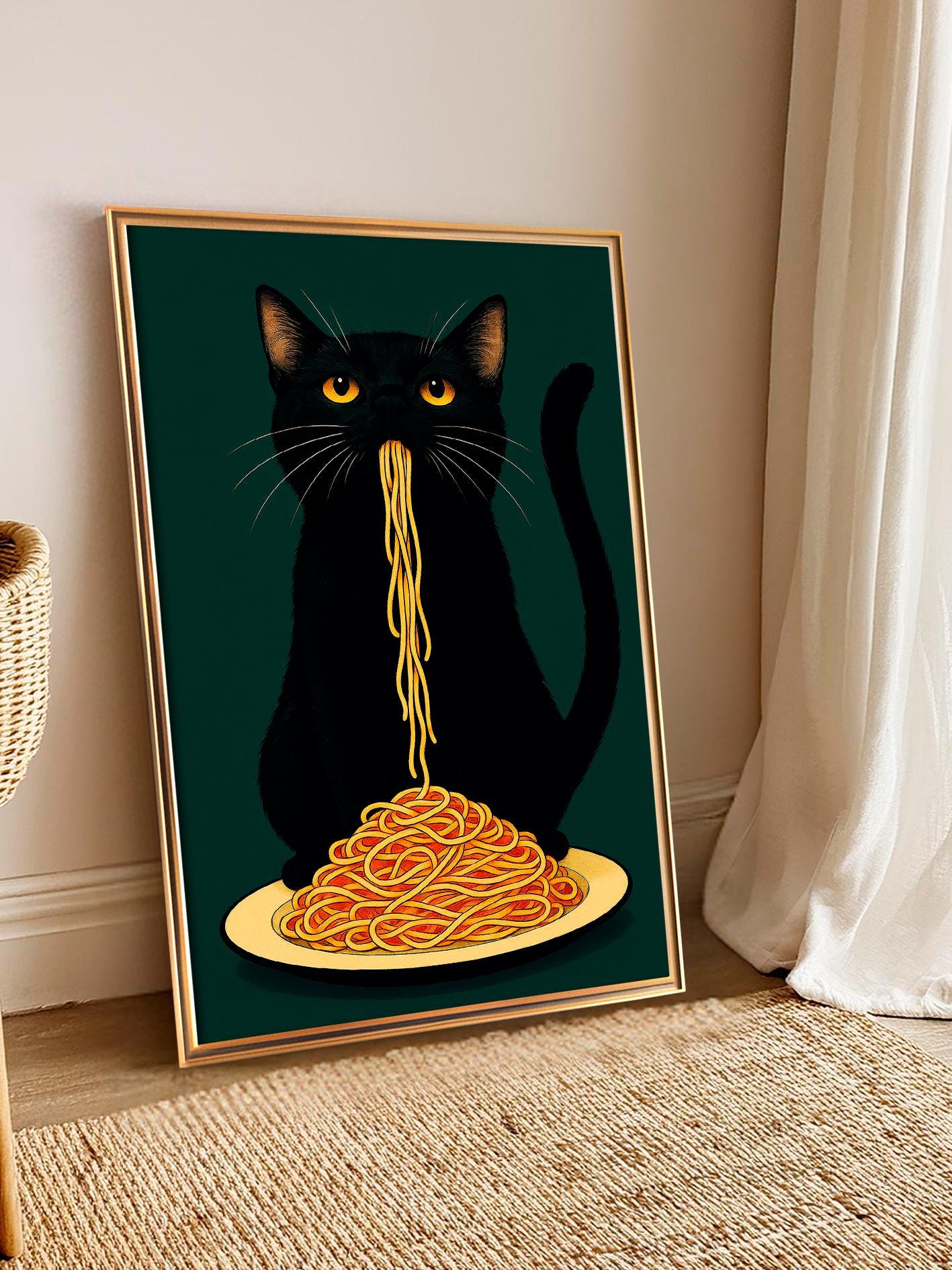Black Cat Eating Spaghetti Poster, Humorous Print of a Hungry Cat, Black Cat Italian Pasta Illustration, Retro-Style Gothic Wall Art
