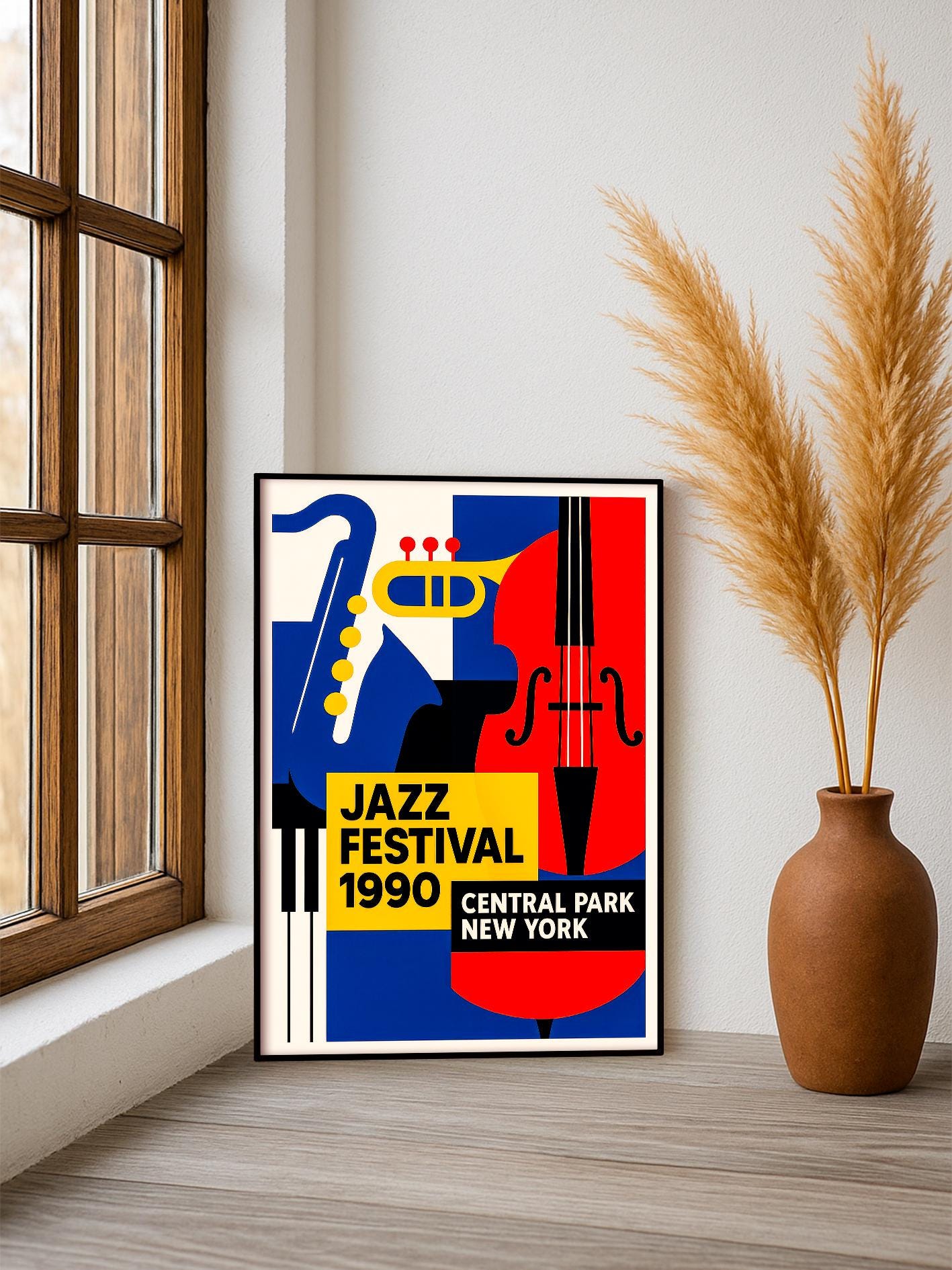 Mid Century Modern Jazz Poster, 1990 Vintage Central Park NYC – Abstract Geometric Wall Art, Retro Music Print, Eclectic Poster