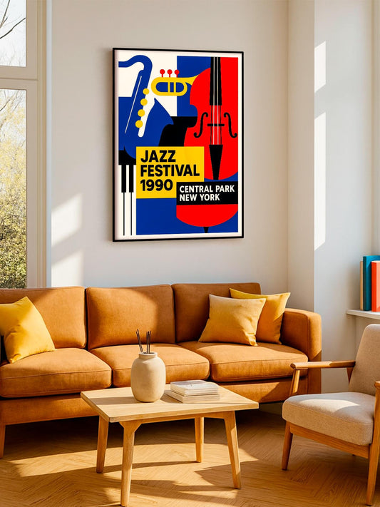 Mid Century Modern Jazz Poster, 1990 Vintage Central Park NYC – Abstract Geometric Wall Art, Retro Music Print, Eclectic Poster