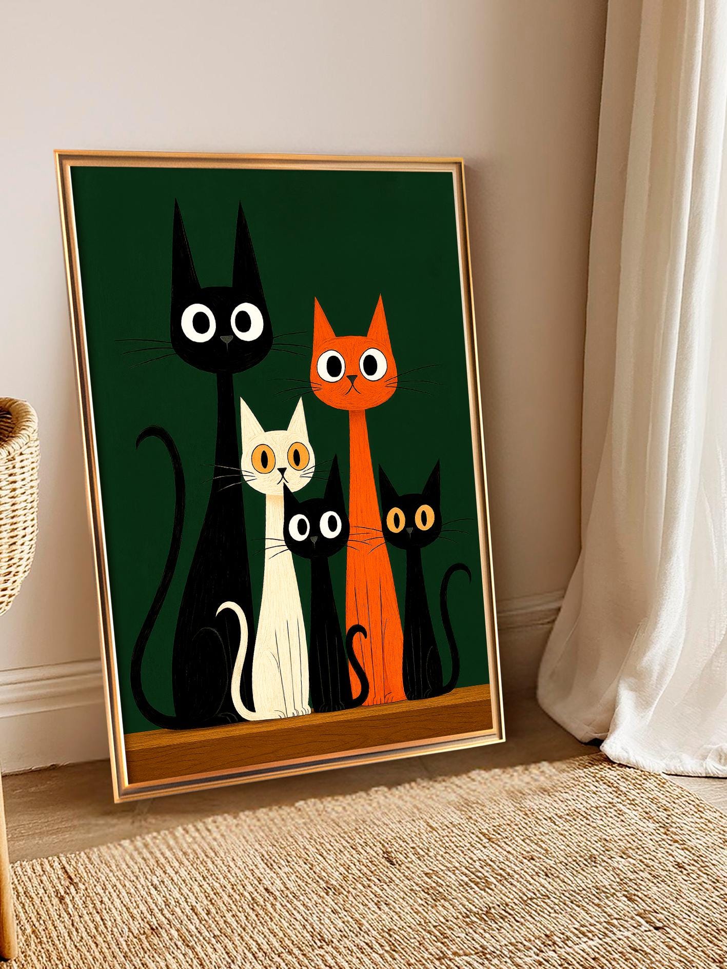 Cat Family Poster, Mid-Century Retro Illustration, Gothic Feline Wall Art, Black Cat Print, Gift for Cat Mom