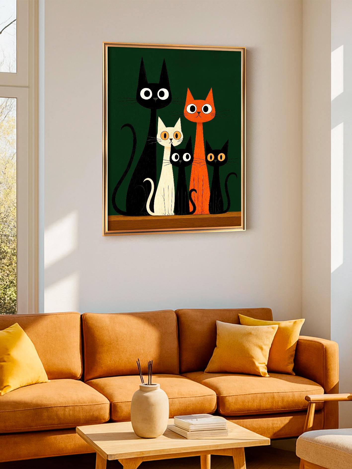 Cat Family Poster, Mid-Century Retro Illustration, Gothic Feline Wall Art, Black Cat Print, Gift for Cat Mom