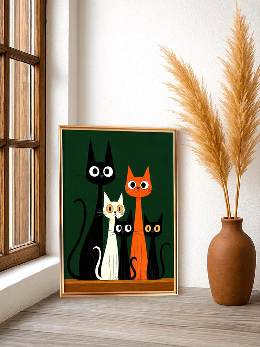 Cat Family Poster, Mid-Century Retro Illustration, Gothic Feline Wall Art, Black Cat Print, Gift for Cat Mom