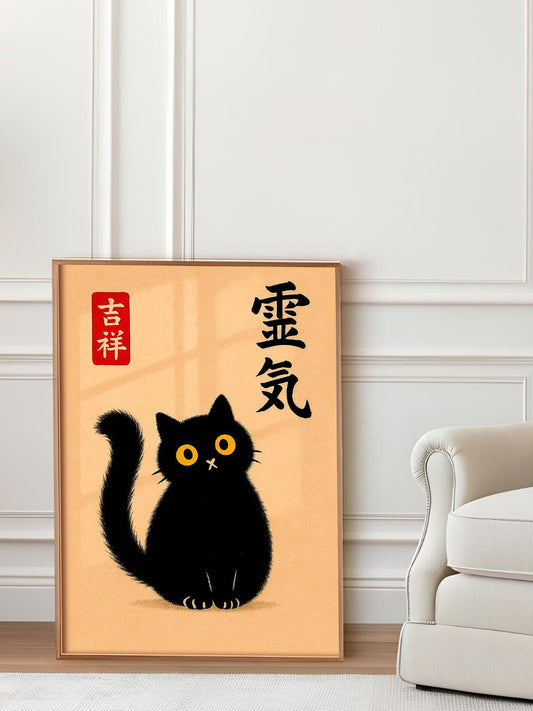 Retro Japanese Wall Art, Vintage Asian Cat Print, Decorative Mural Print, Japanese Inspired Cat Portrait for Living Room Art, Gallery Grade