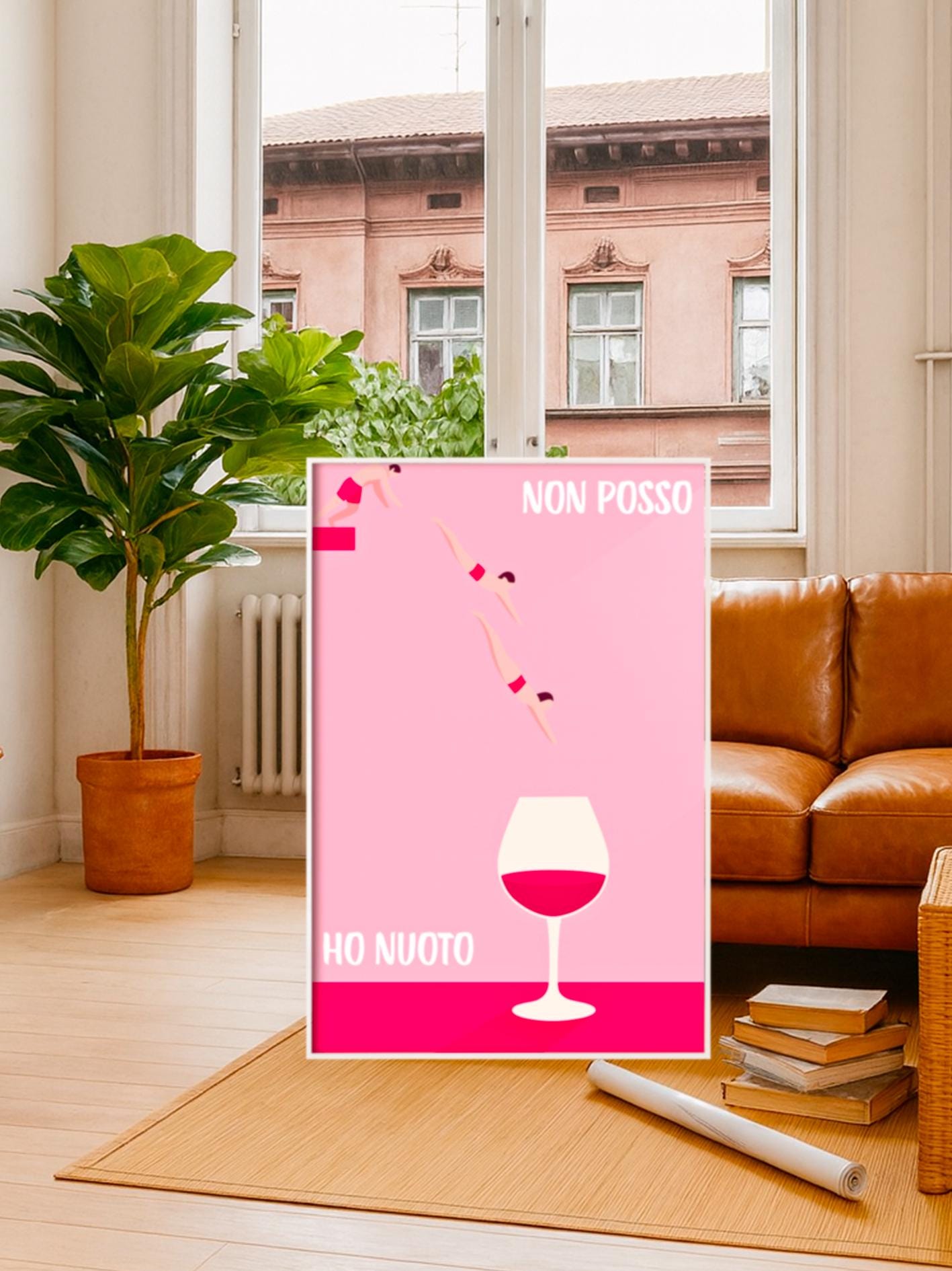 Italian Wine Quote Poster, Funny Wall Art for Wine Lovers, "I Can't, I Swim", Retro Kitchen and Bar Decor, Minimalist Wine Illustration